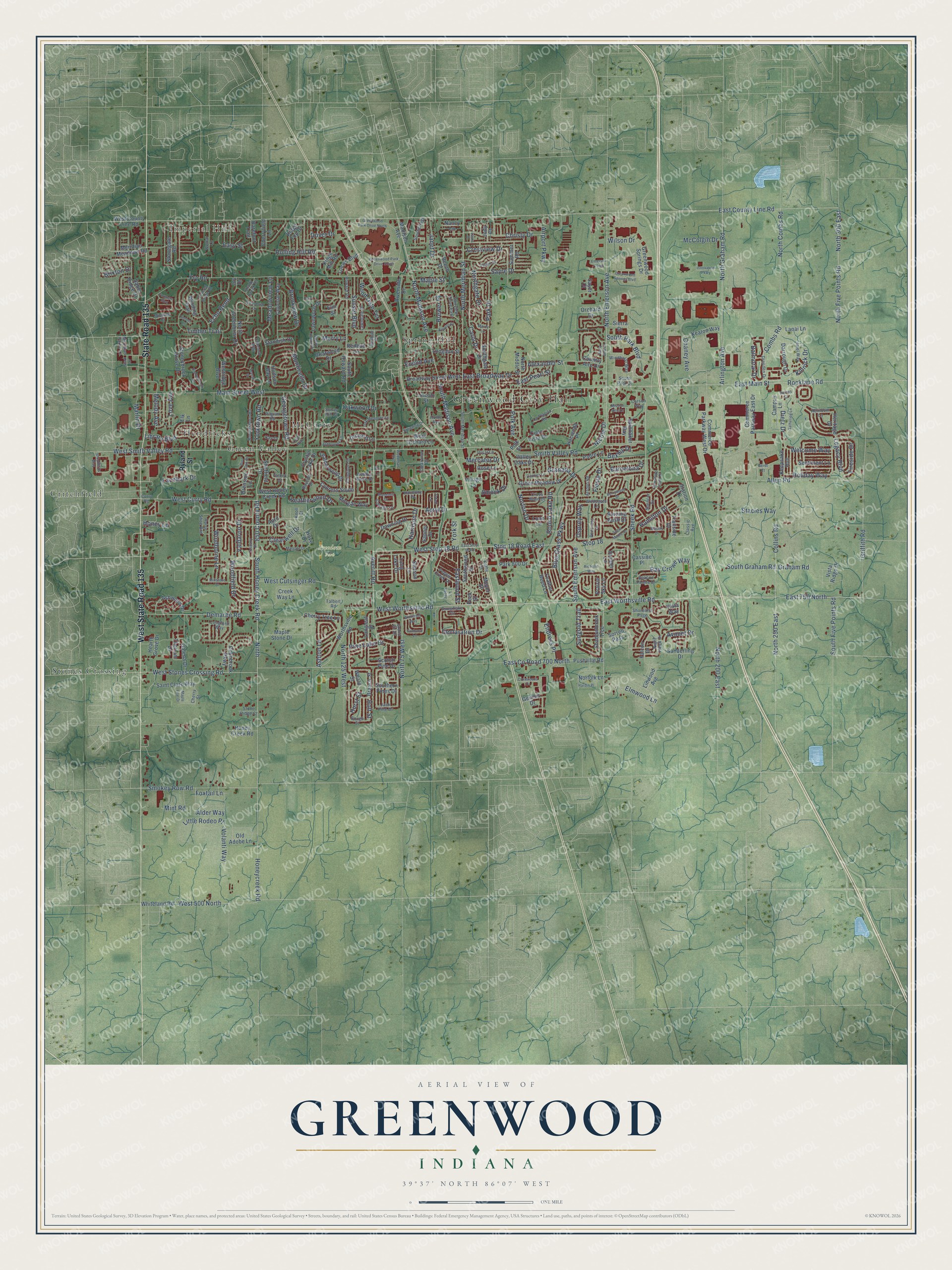 Full map of Greenwood, Indiana, with red buildings, printed street names and the land around them