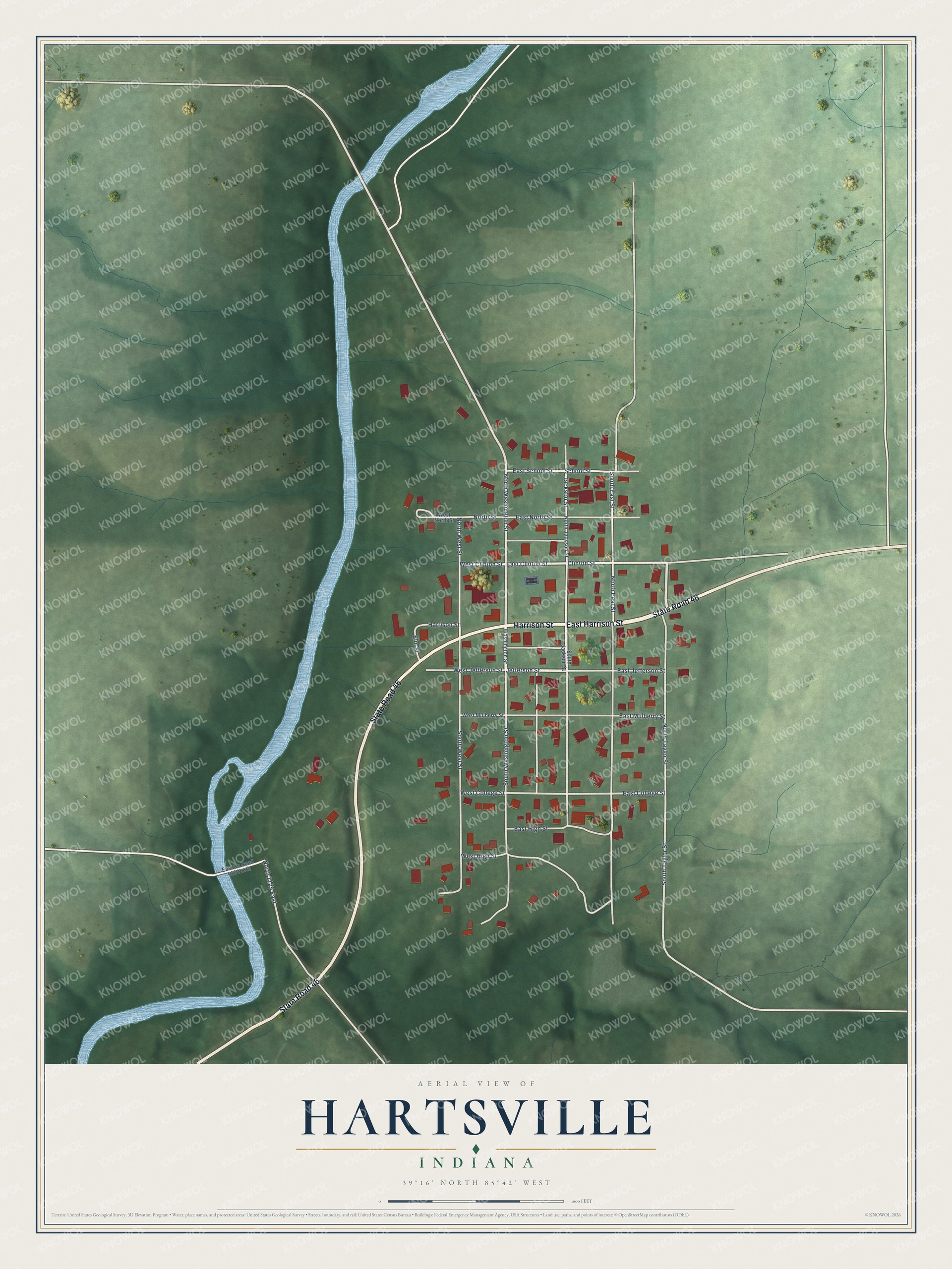 Full map of Hartsville, Indiana, with red buildings, printed street names and the land around them