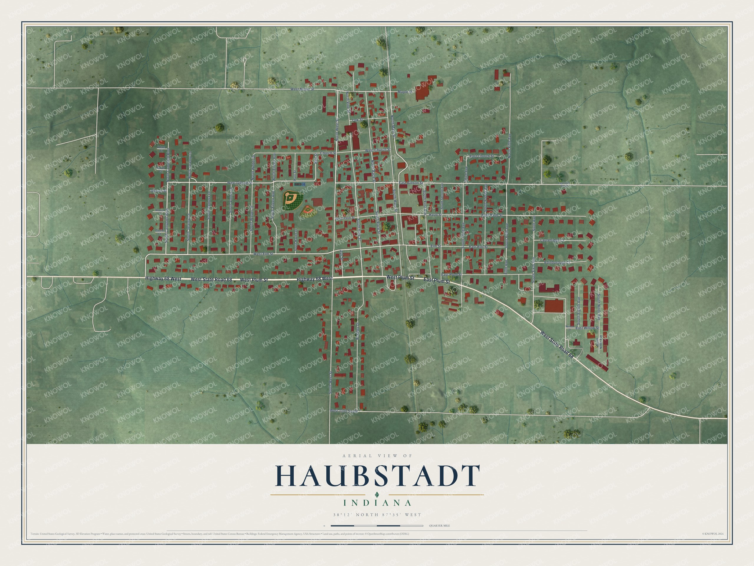 Full map of Haubstadt, Indiana, with red buildings, printed street names and the land around them