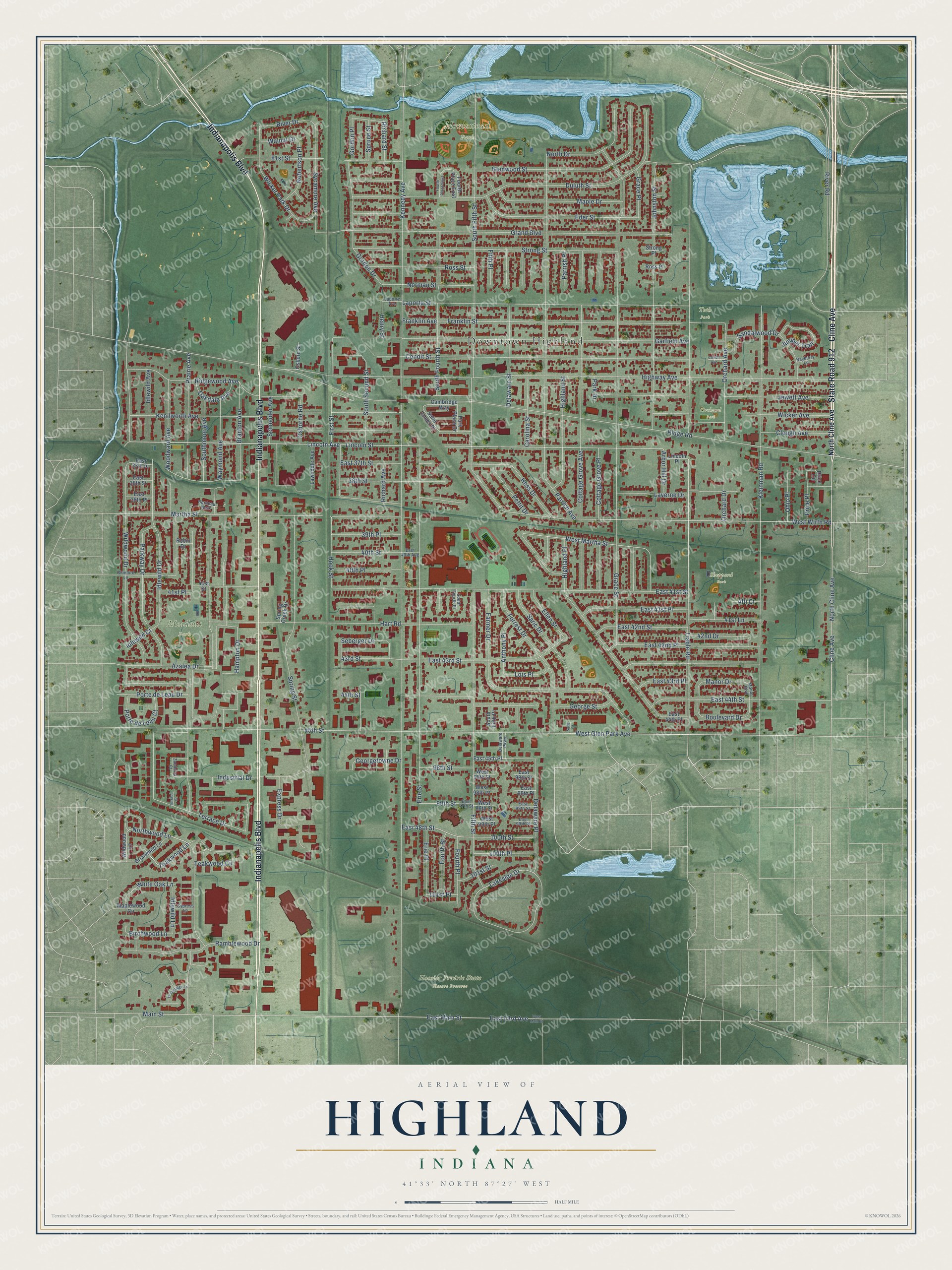 Full map of Highland, Indiana, with red buildings, printed street names and the land around them