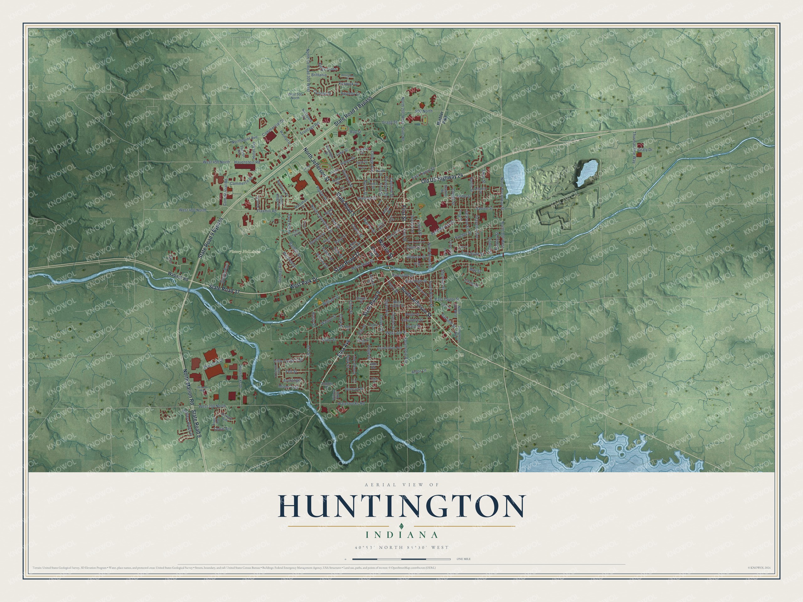 Full map of Huntington, Indiana, with red buildings, printed street names and the land around them