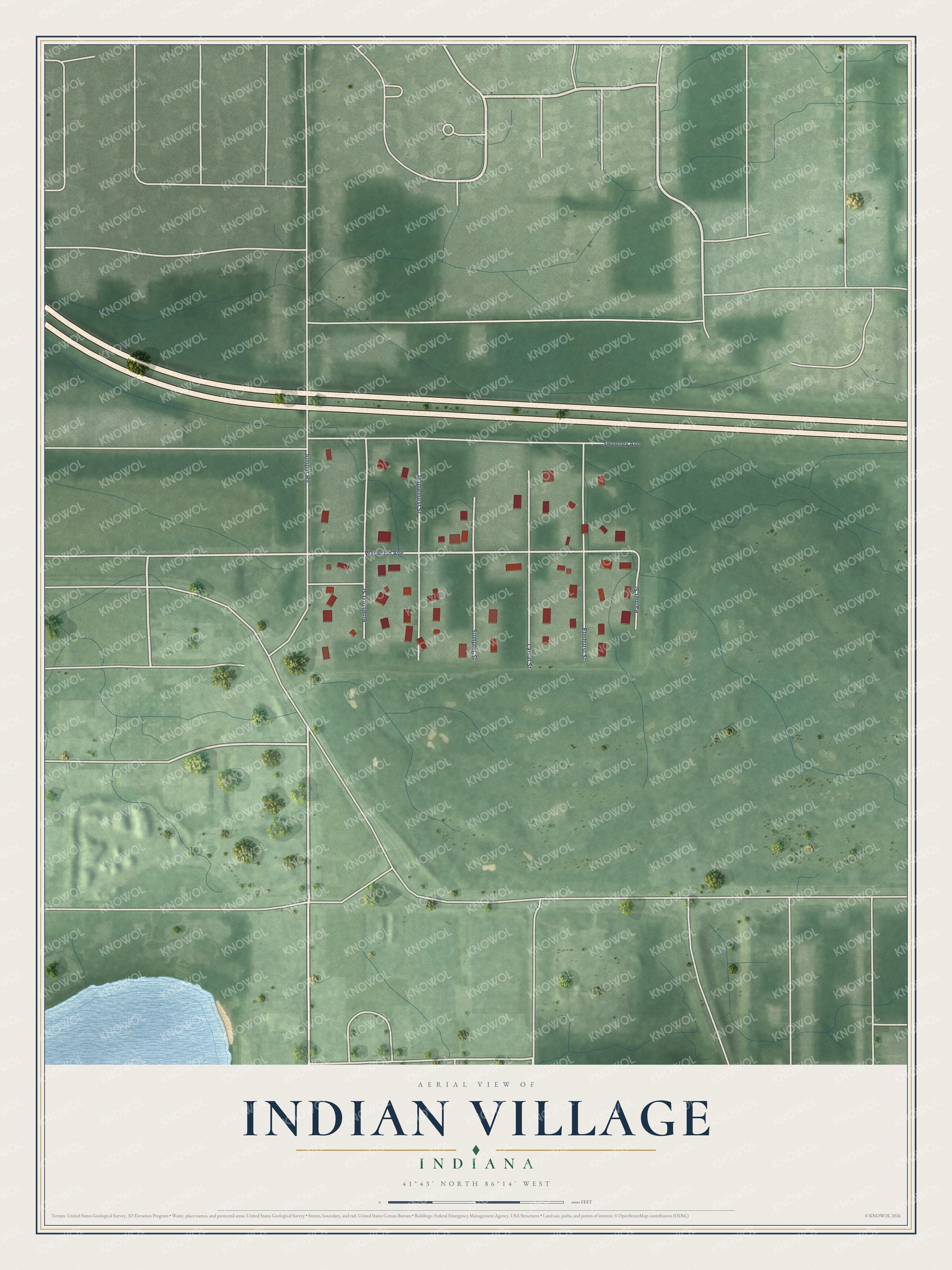 Full map of Indian Village, Indiana, with red buildings, printed street names and the land around them