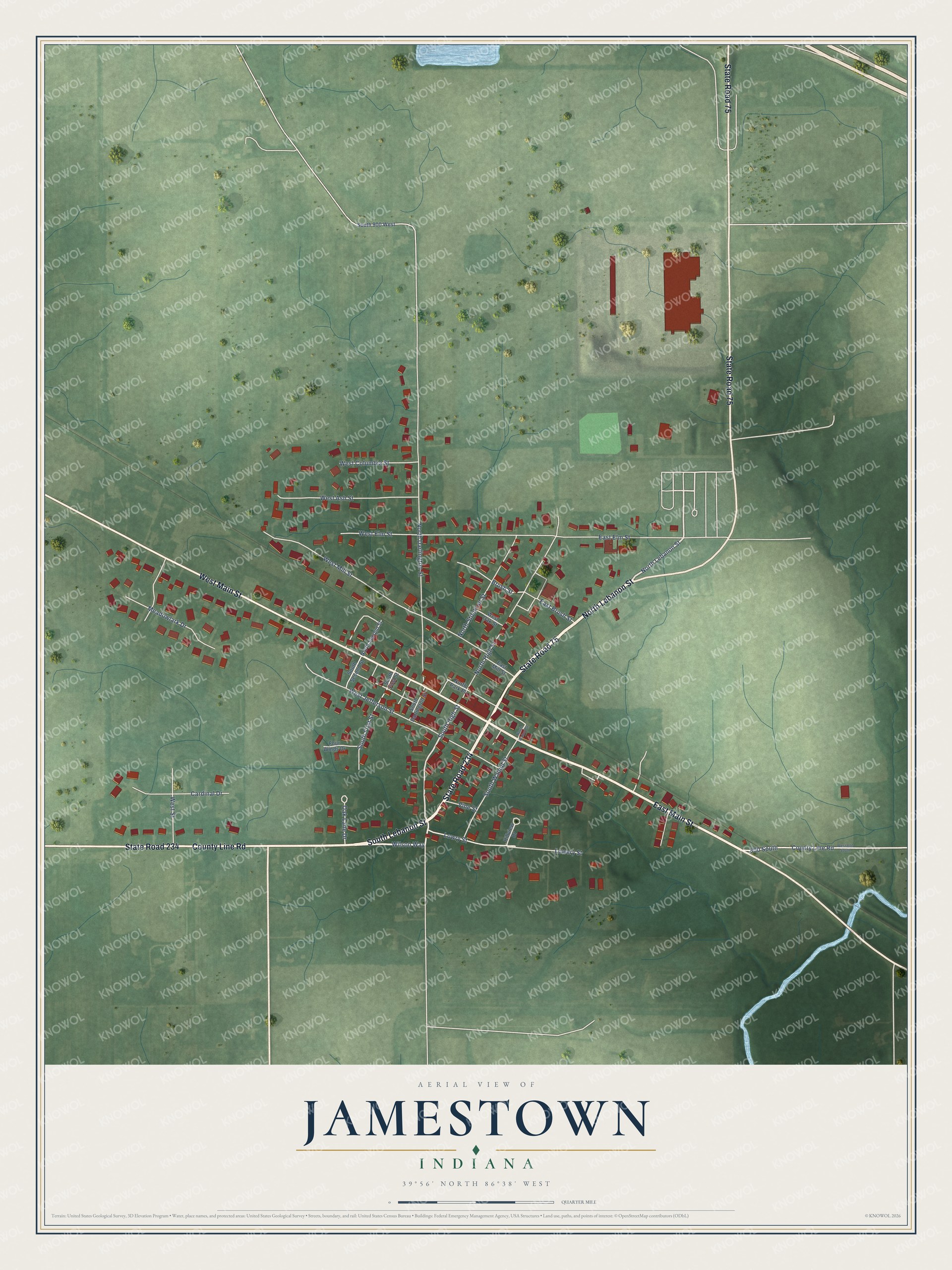 Full map of Jamestown, Indiana, with red buildings, printed street names and the land around them