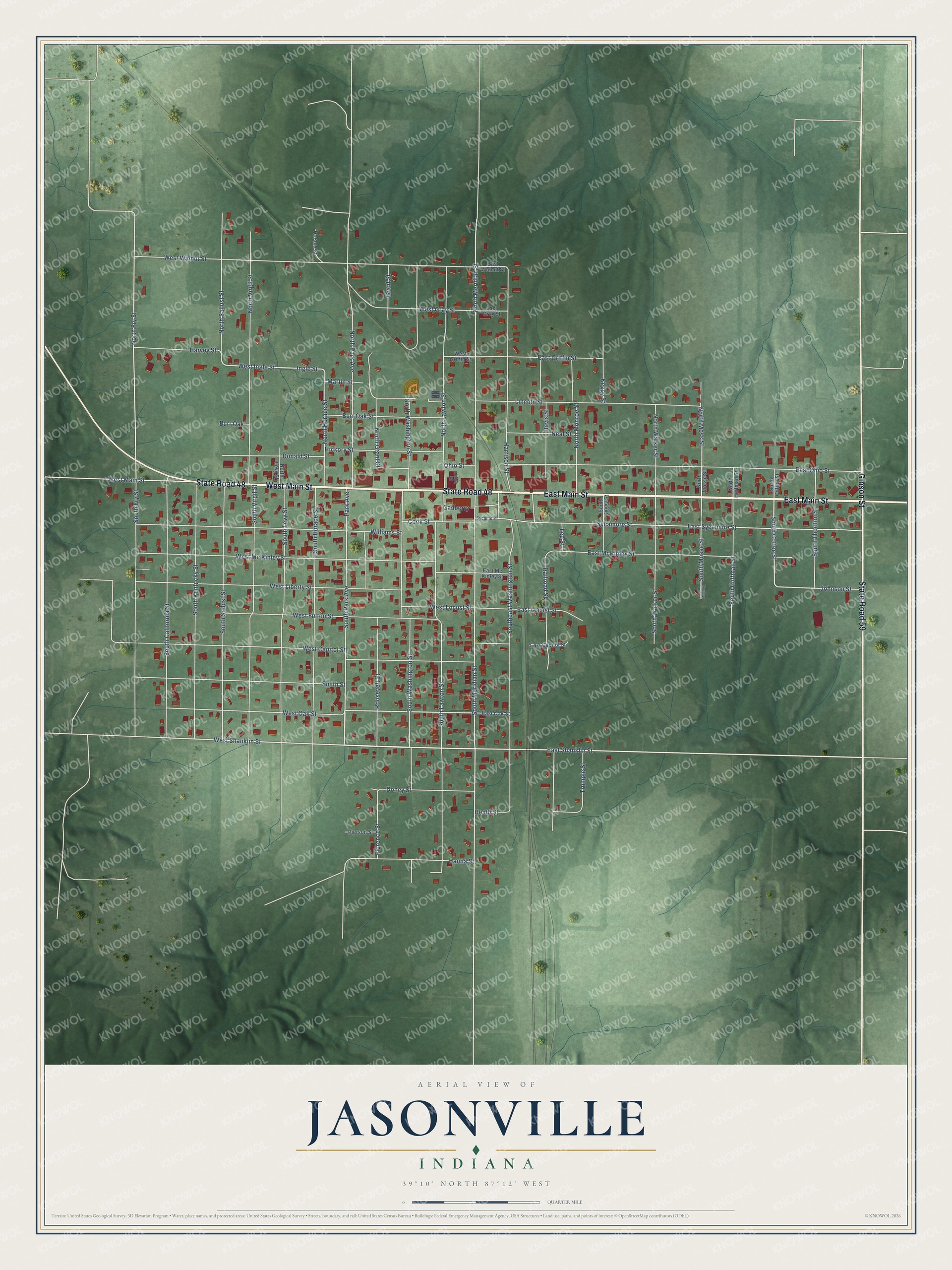 Full map of Jasonville, Indiana, with red buildings, printed street names and the land around them