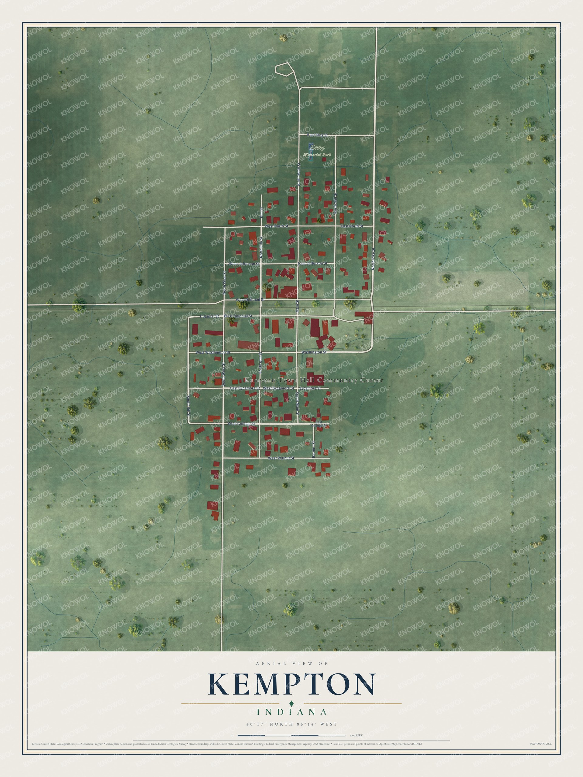 Full map of Kempton, Indiana, with red buildings, printed street names and the land around them