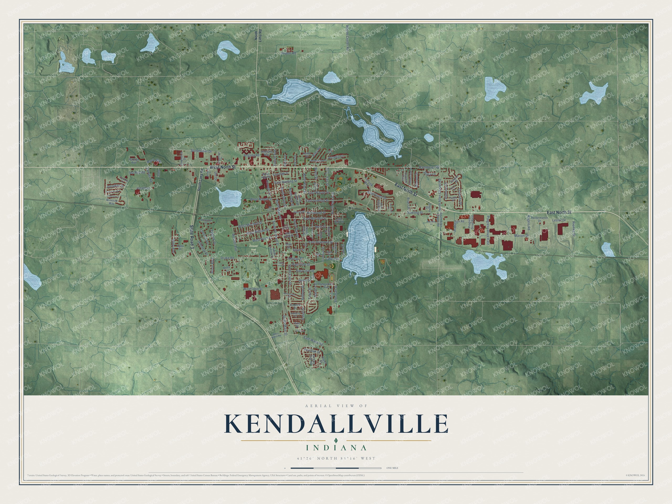 Full map of Kendallville, Indiana, with red buildings, printed street names and the land around them