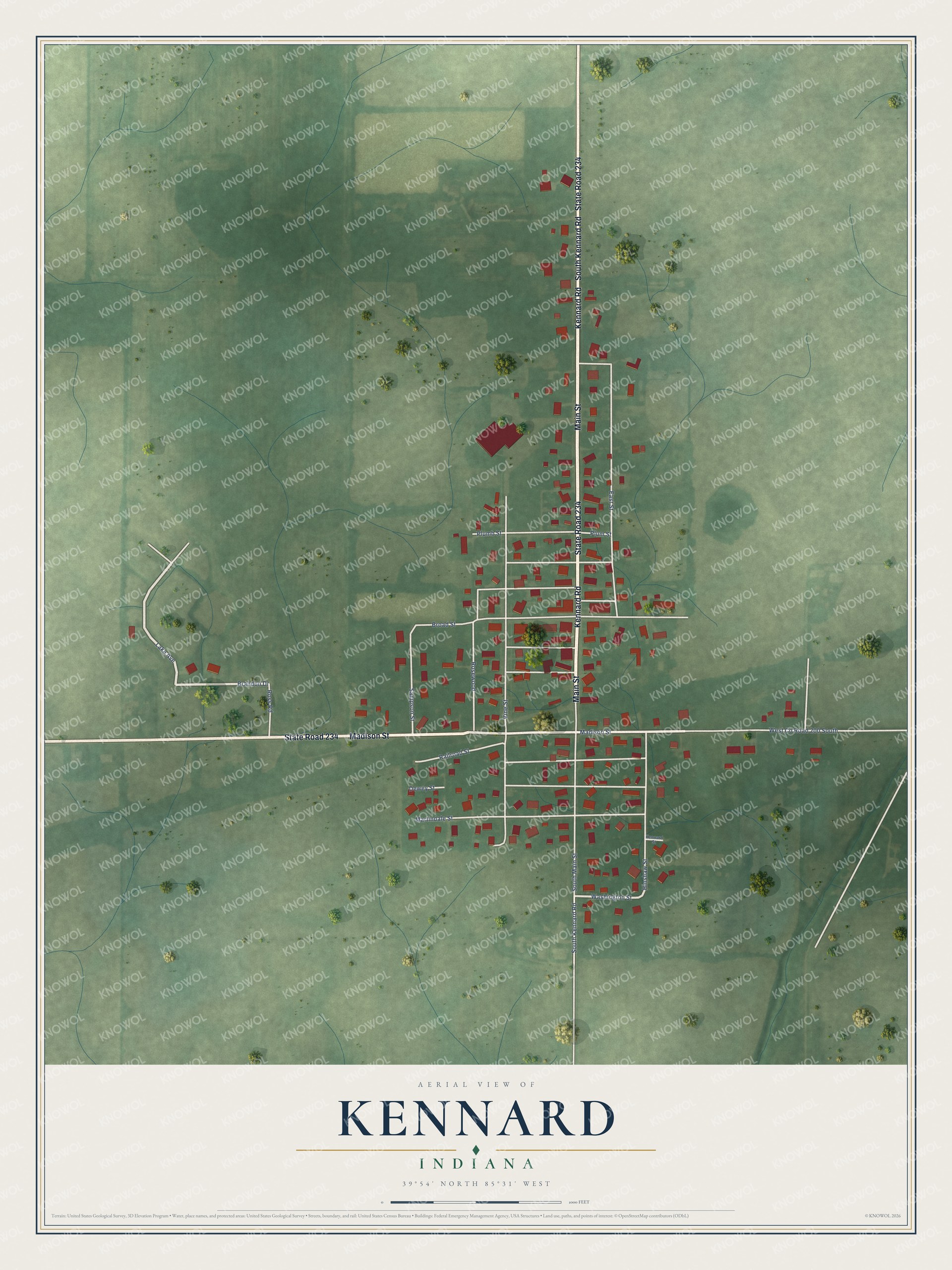 Full map of Kennard, Indiana, with red buildings, printed street names and the land around them