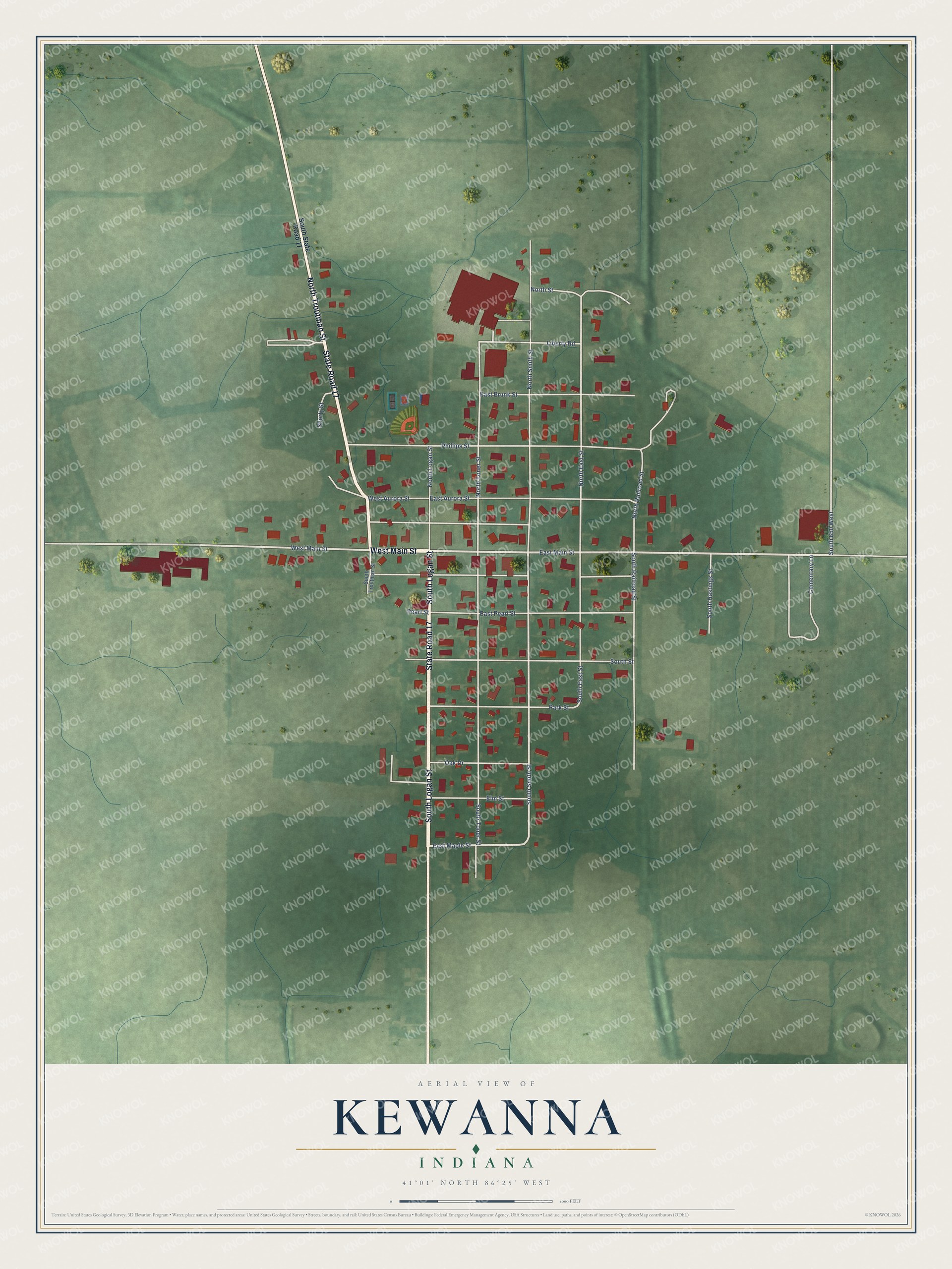 Full map of Kewanna, Indiana, with red buildings, printed street names and the land around them