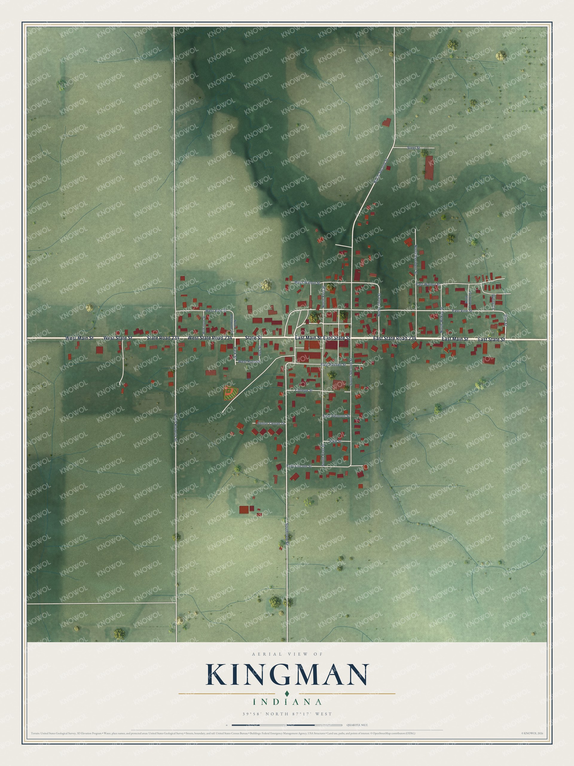 Full map of Kingman, Indiana, with red buildings, printed street names and the land around them