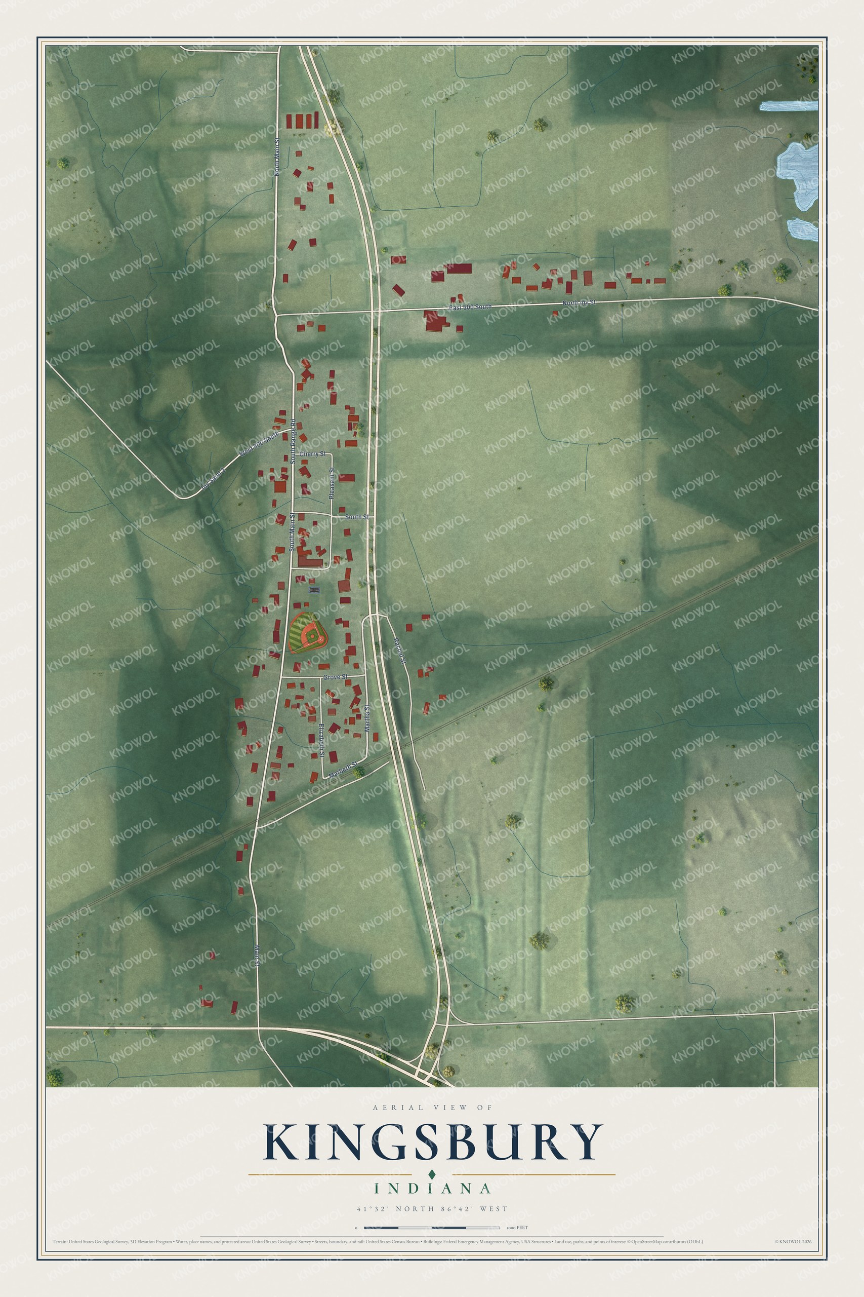 Full map of Kingsbury, Indiana, with red buildings, printed street names and the land around them