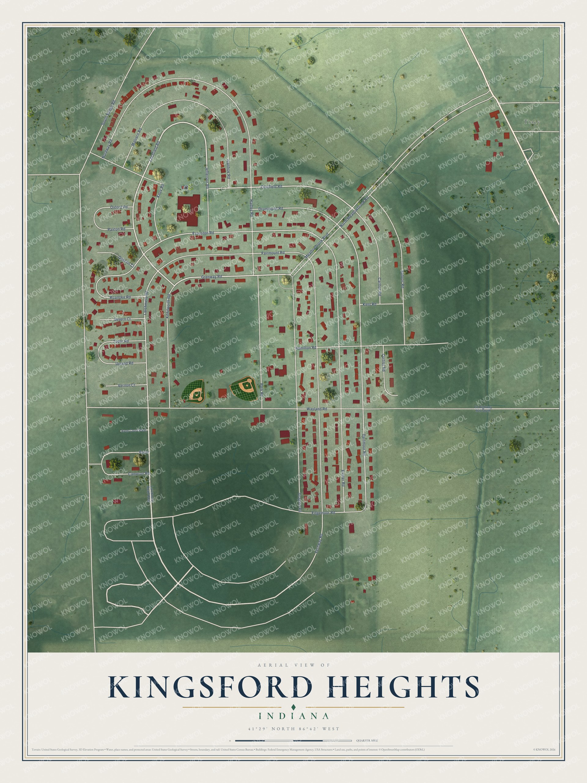 Full map of Kingsford Heights, Indiana, with red buildings, printed street names and the land around them