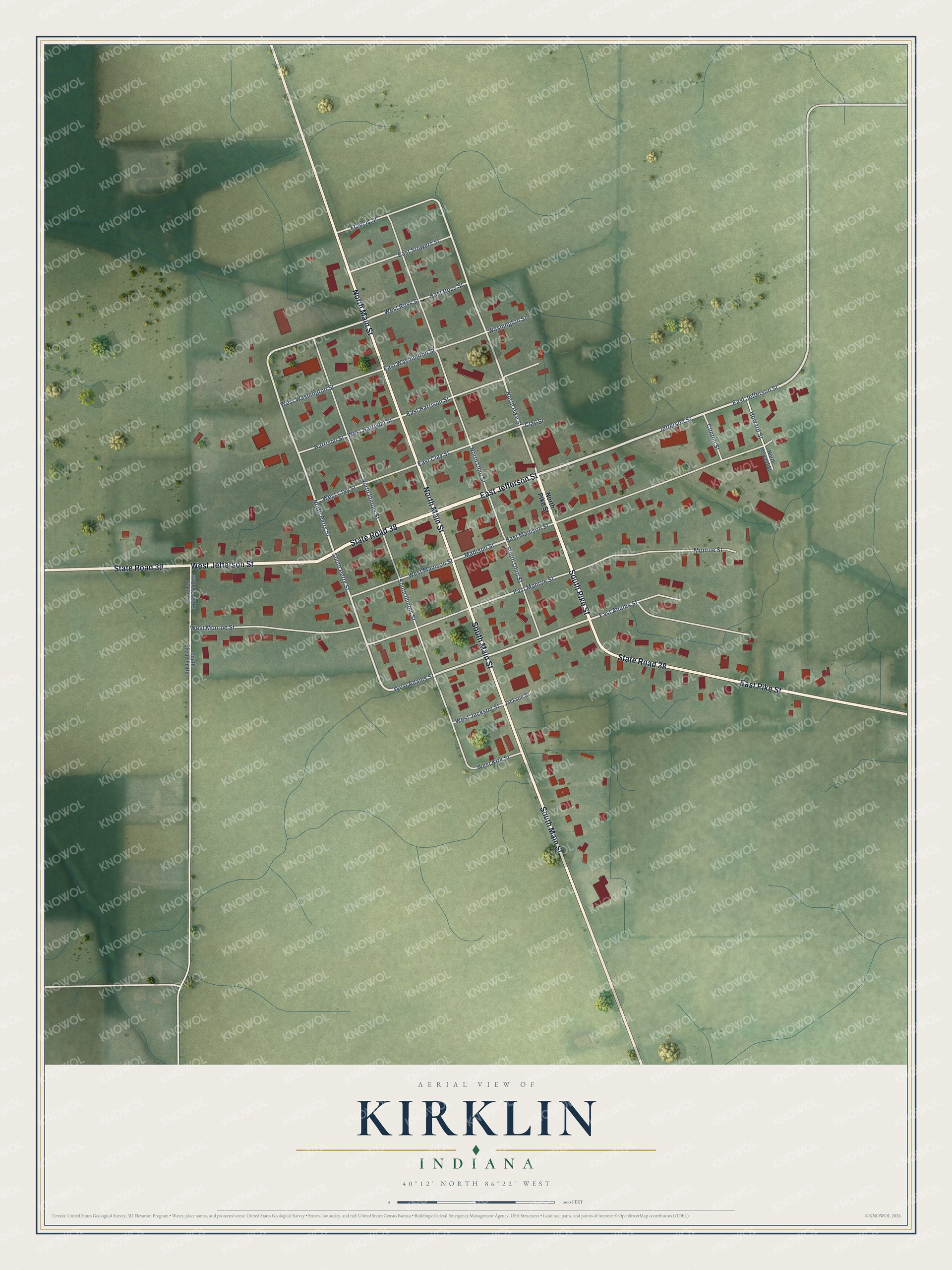 Full map of Kirklin, Indiana, with red buildings, printed street names and the land around them