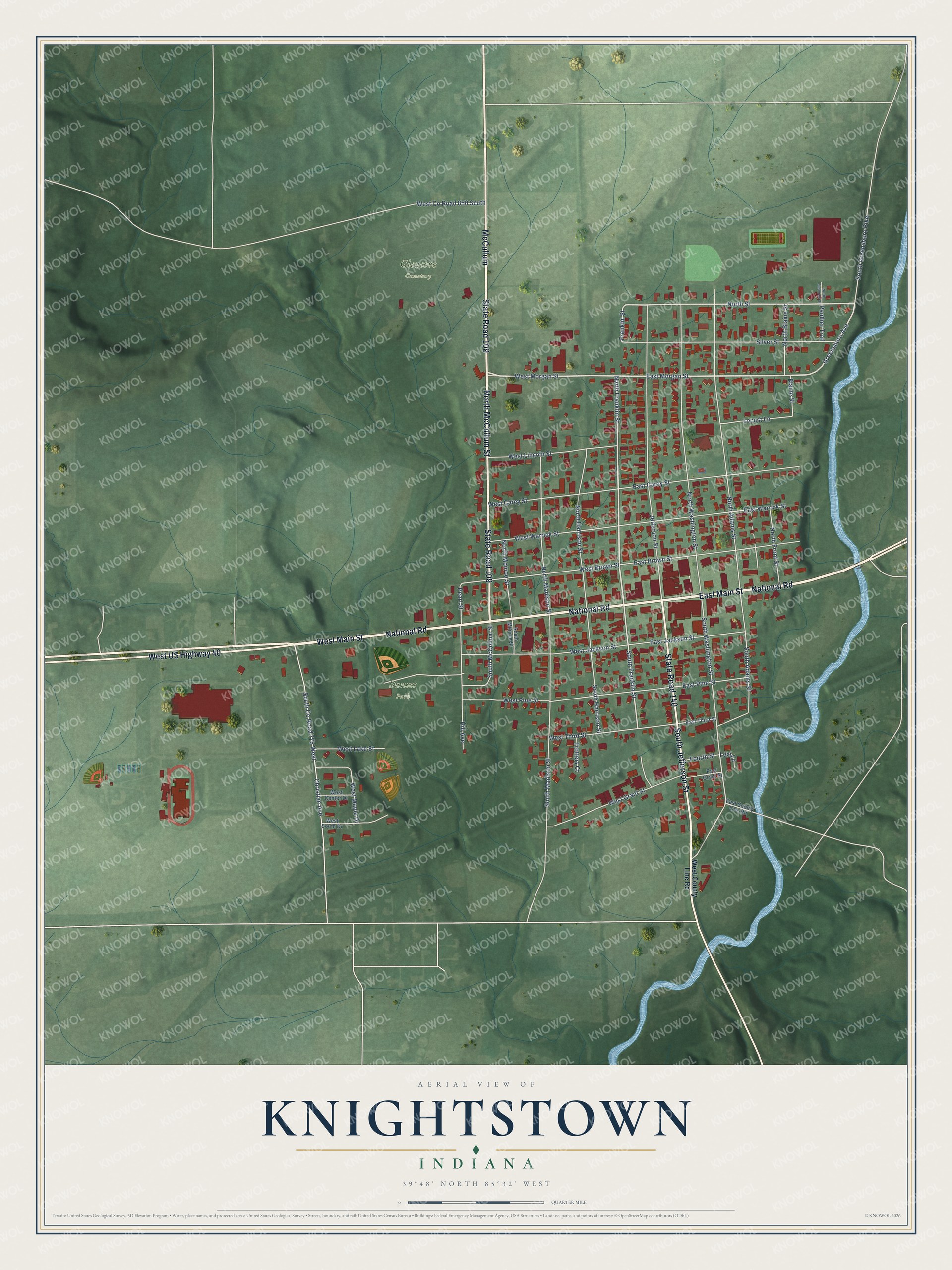 Full map of Knightstown, Indiana, with red buildings, printed street names and the land around them