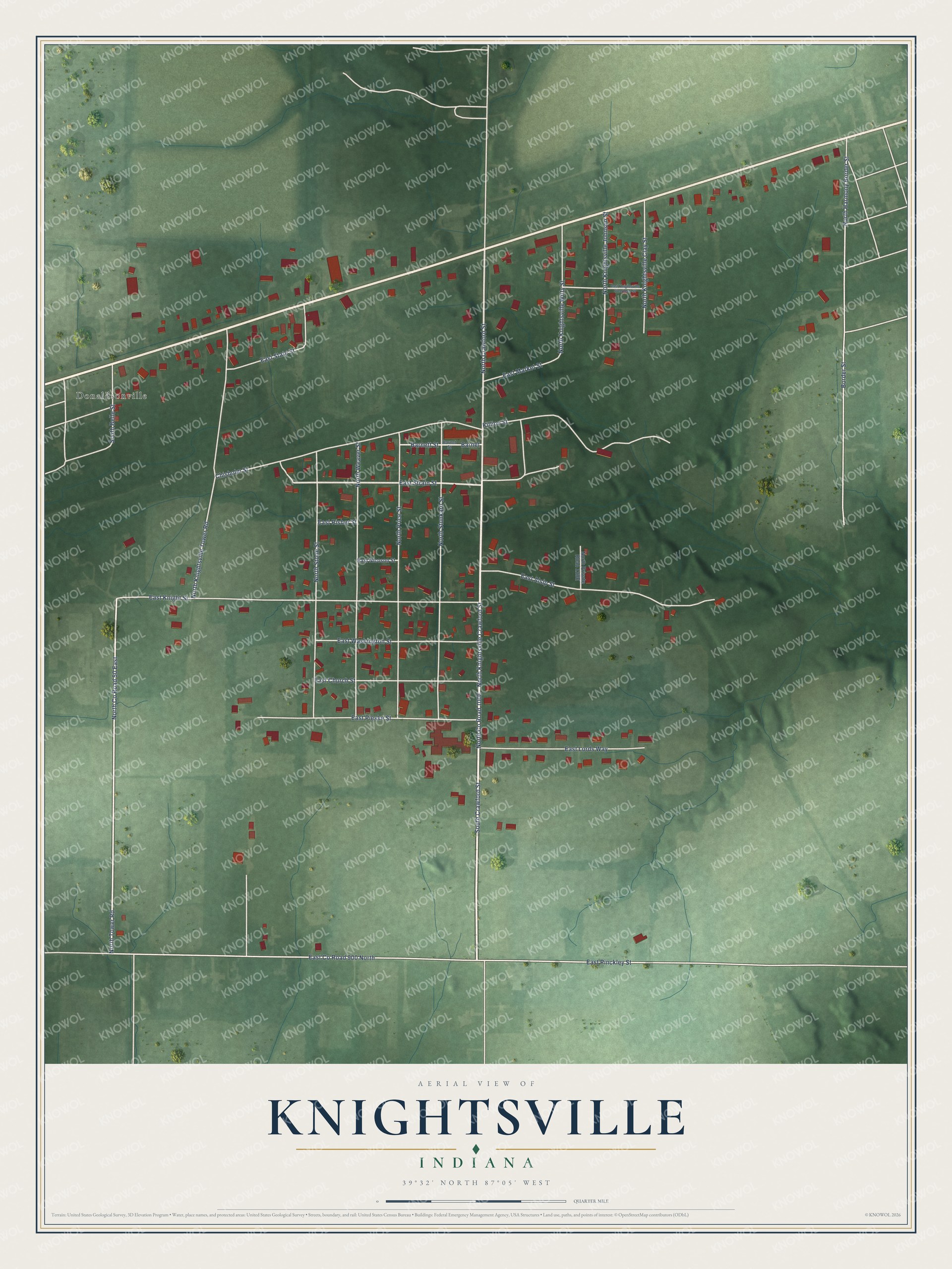Full map of Knightsville, Indiana, with red buildings, printed street names and the land around them