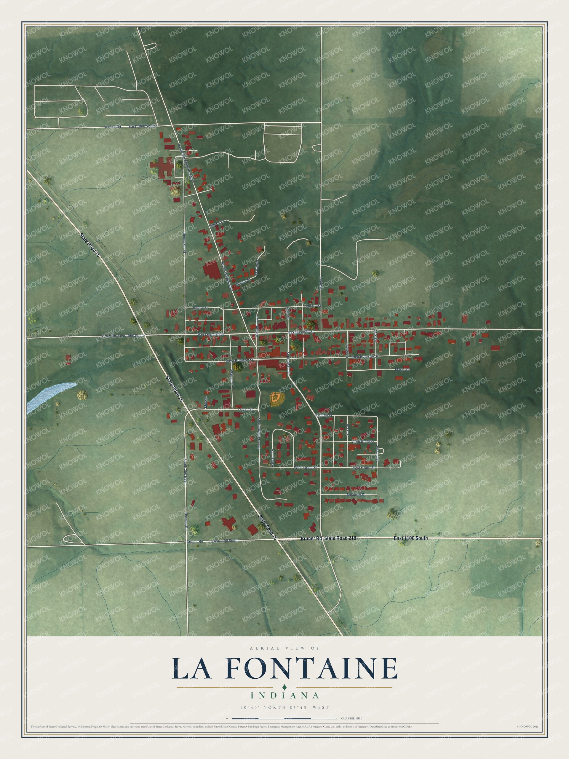 Full map of La Fontaine, Indiana, with red buildings, printed street names and the land around them