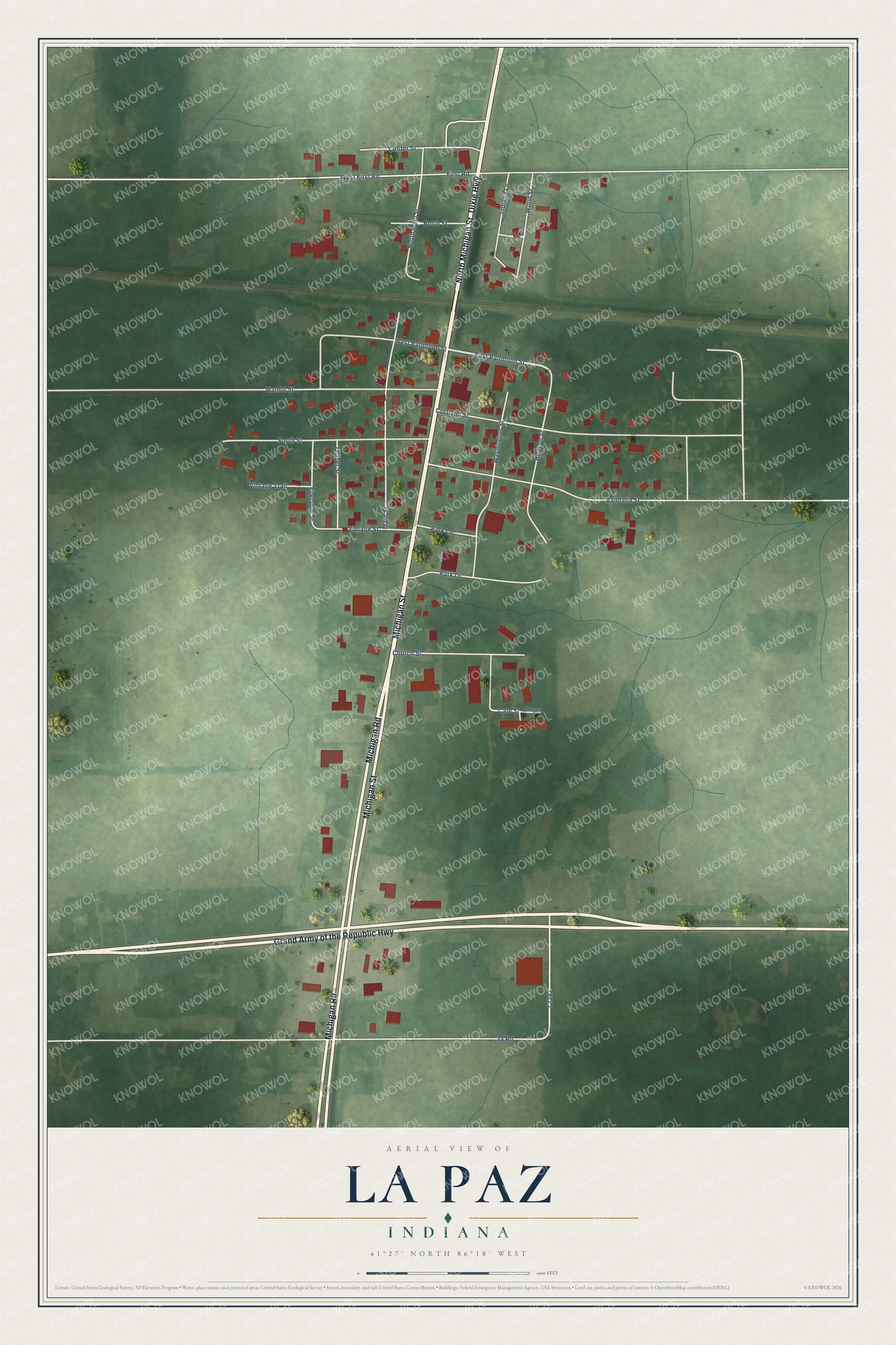 Full map of La Paz, Indiana, with red buildings, printed street names and the land around them