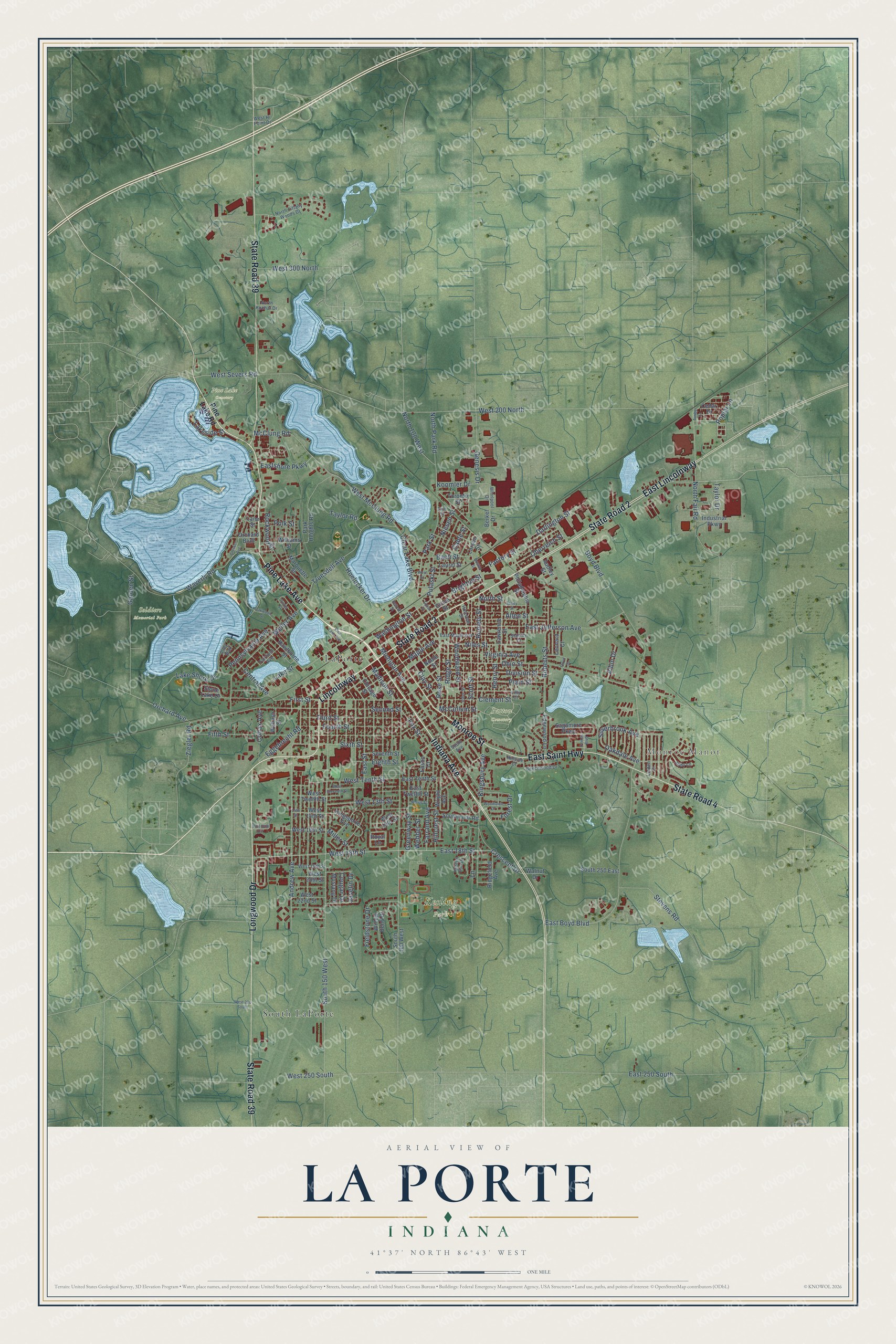 Full map of La Porte, Indiana, with red buildings, printed street names and the land around them