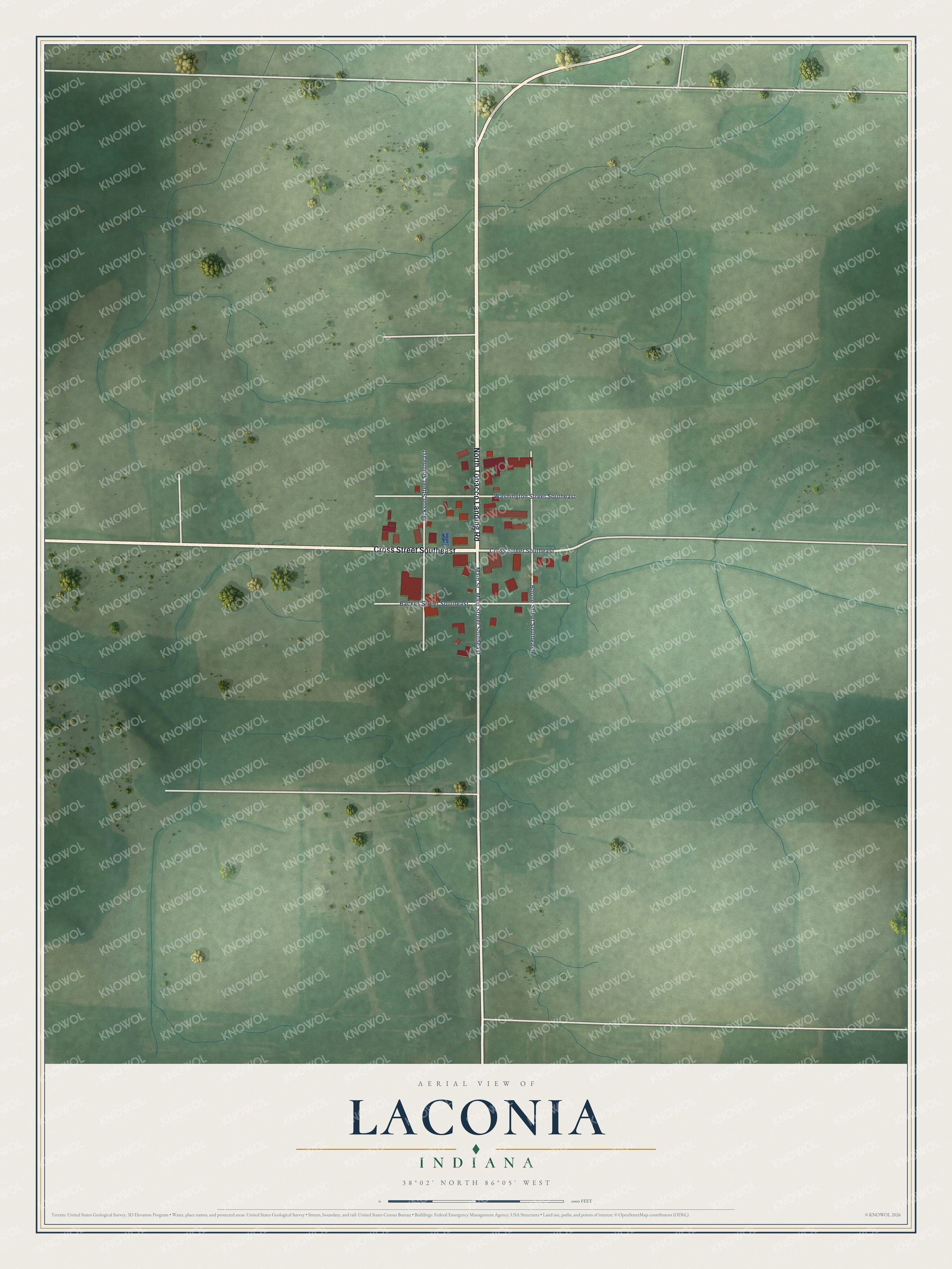 Full map of Laconia, Indiana, with red buildings, printed street names and the land around them