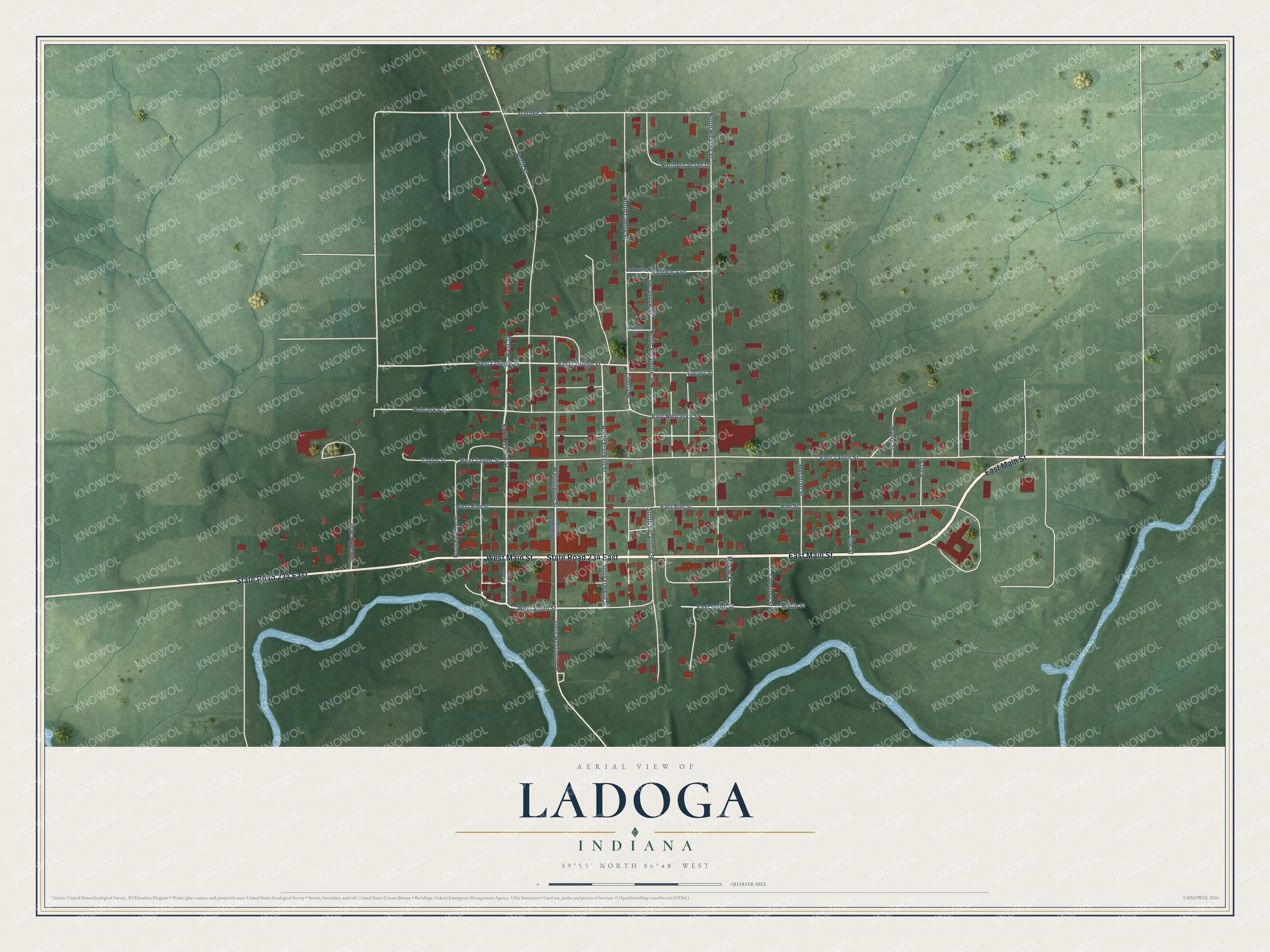 Full map of Ladoga, Indiana, with red buildings, printed street names and the land around them