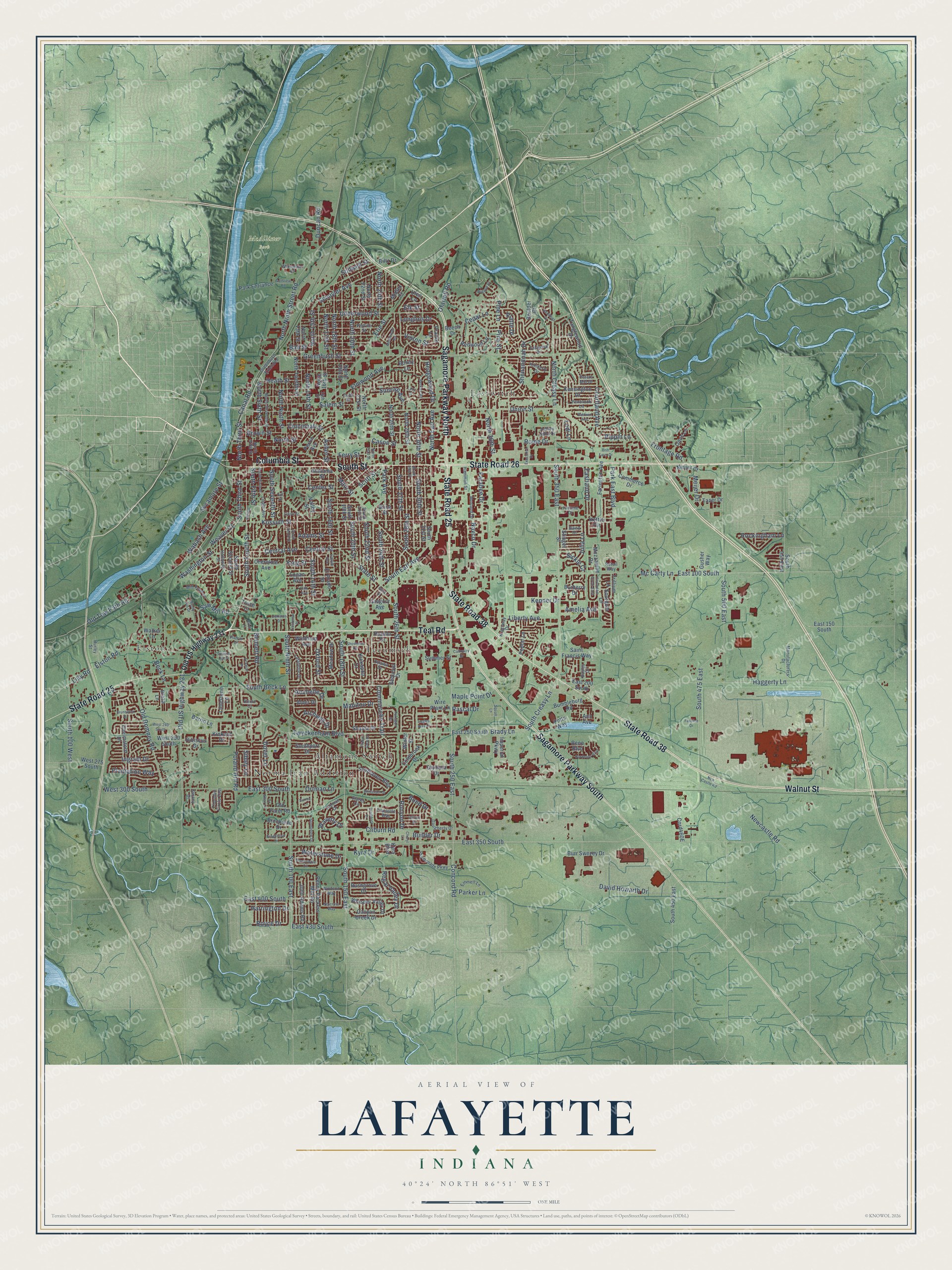 Full map of Lafayette, Indiana, with red buildings, printed street names and the land around them