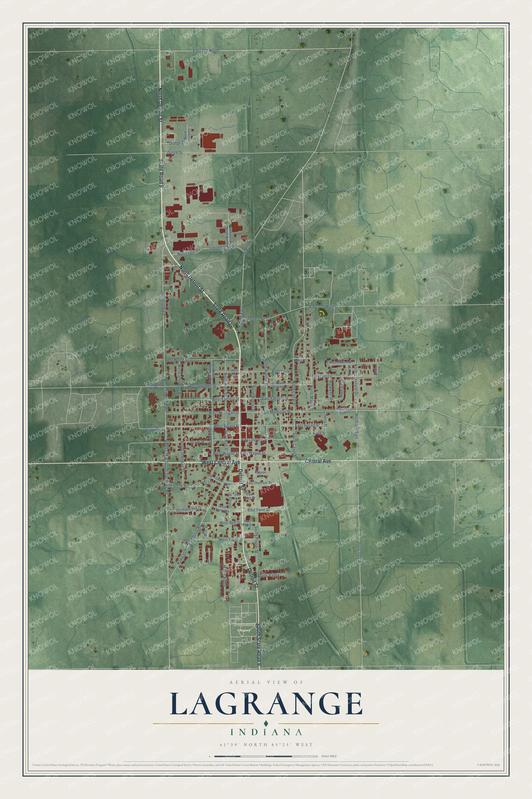 Full map of Lagrange, Indiana, with red buildings, printed street names and the land around them