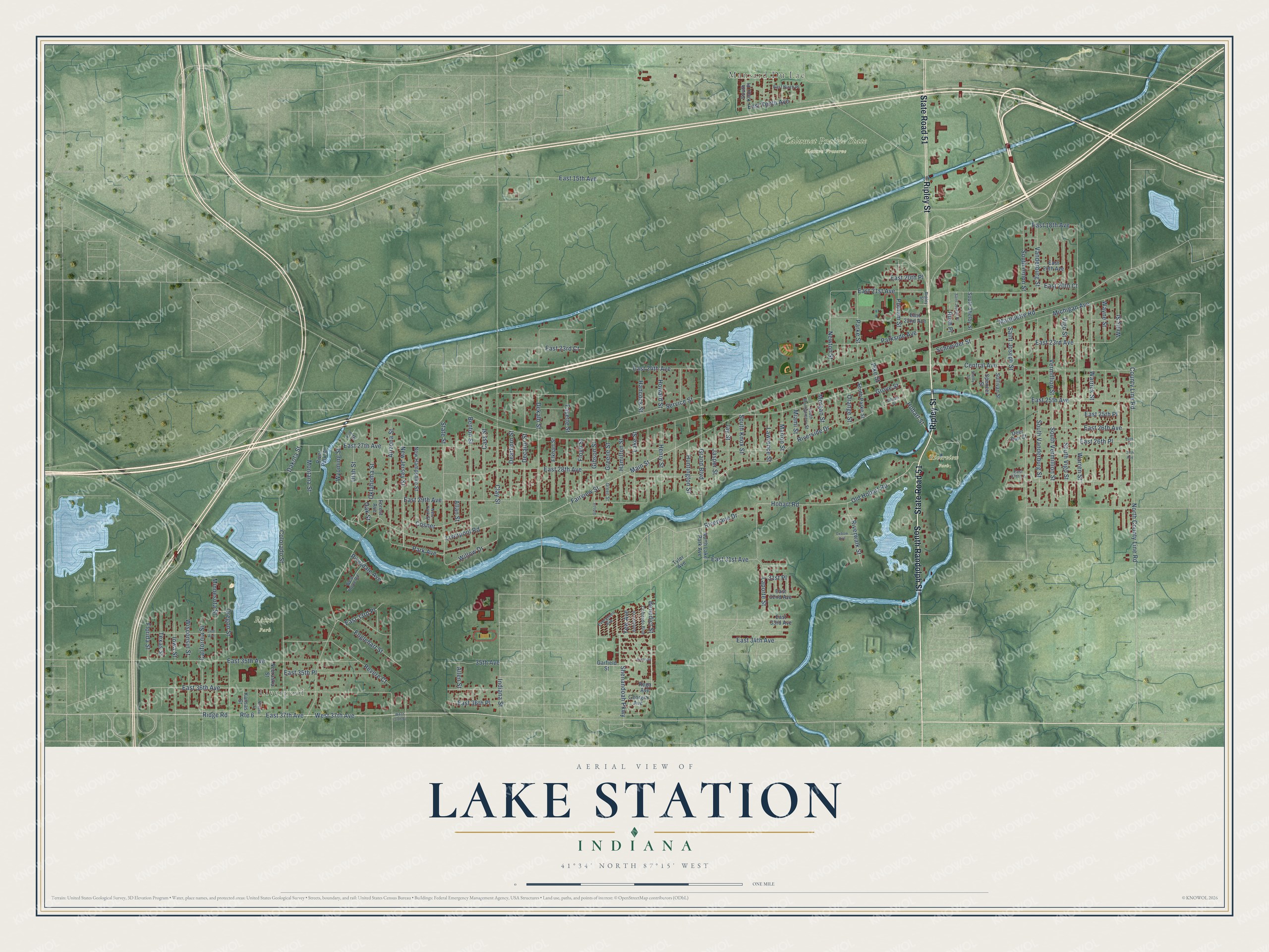 Full map of Lake Station, Indiana, with red buildings, printed street names and the land around them