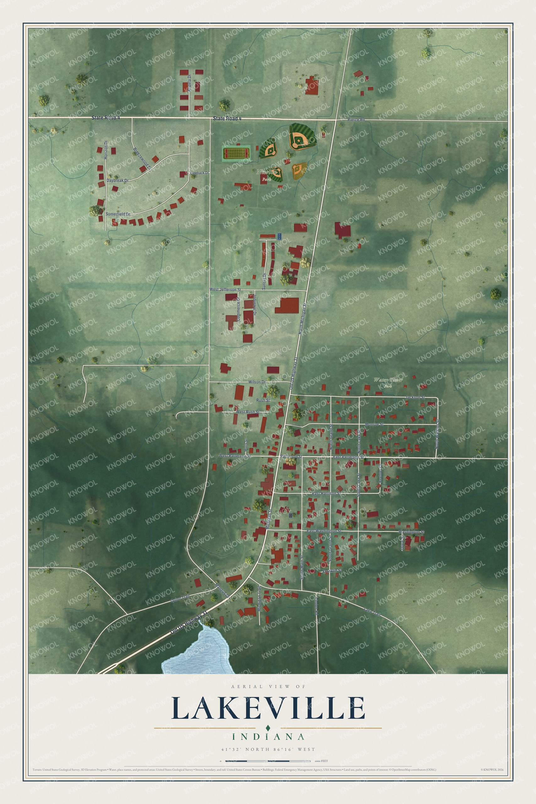 Full map of Lakeville, Indiana, with red buildings, printed street names and the land around them