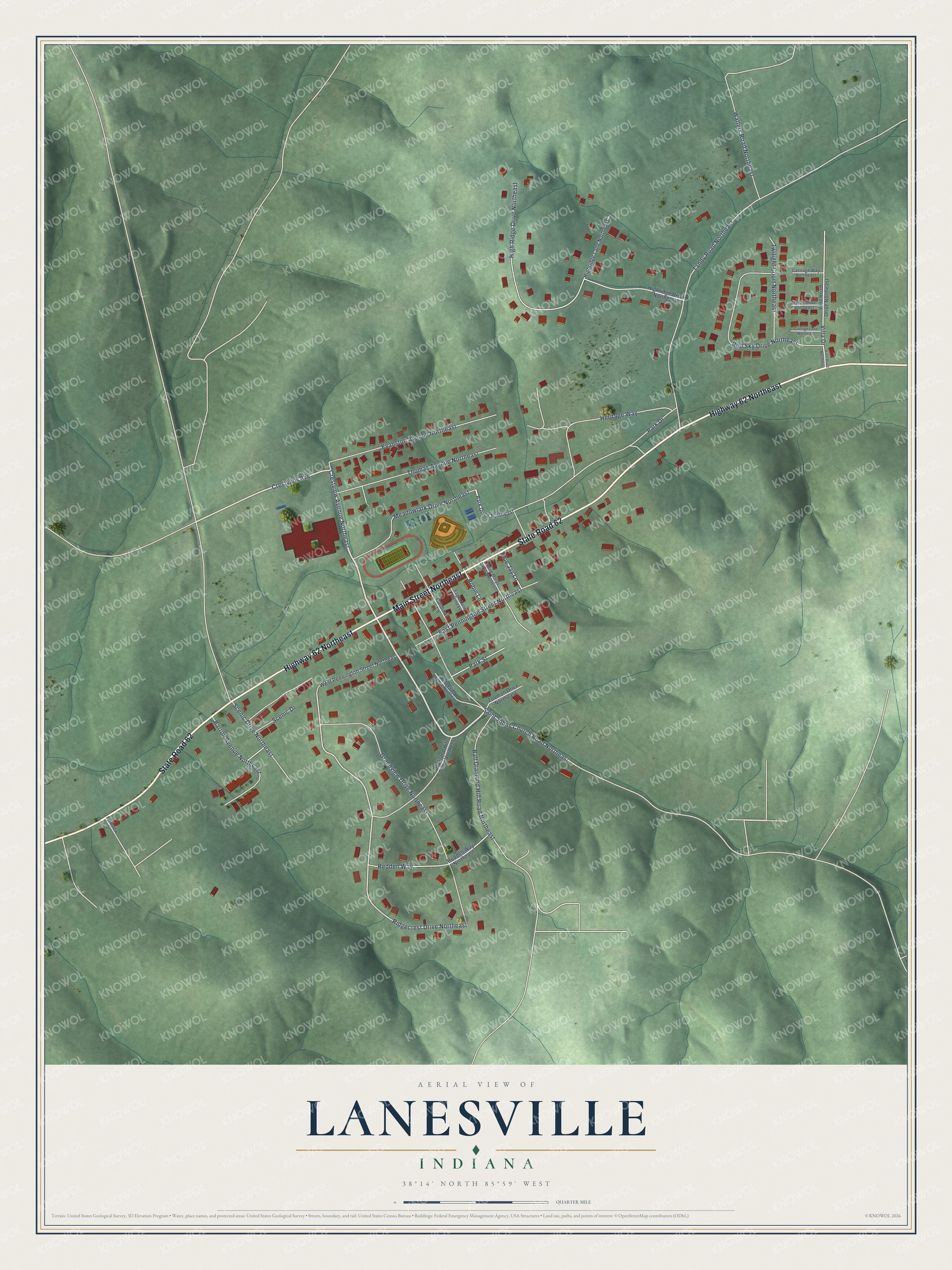 Full map of Lanesville, Indiana, with red buildings, printed street names and the land around them