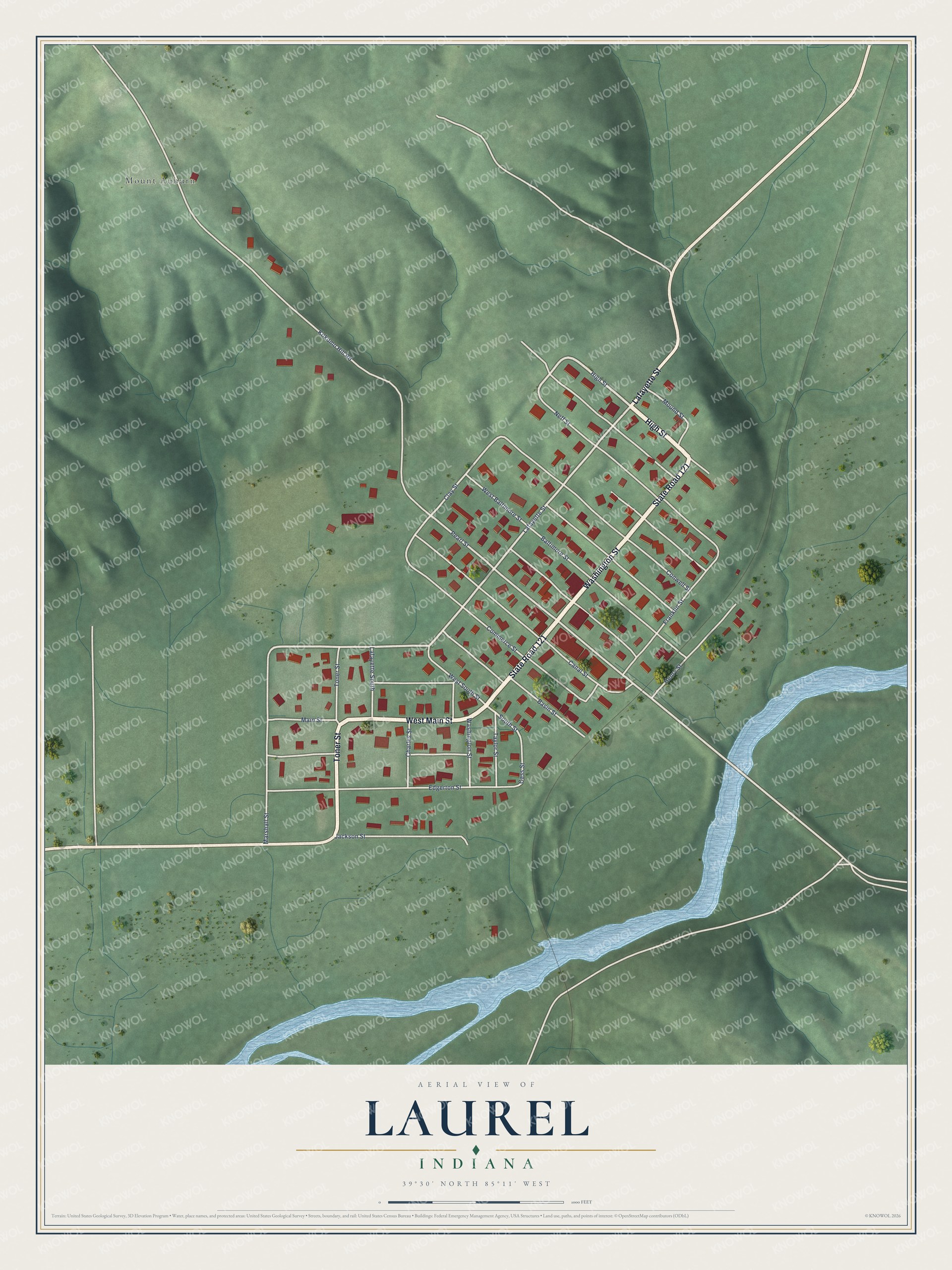 Full map of Laurel, Indiana, with red buildings, printed street names and the land around them