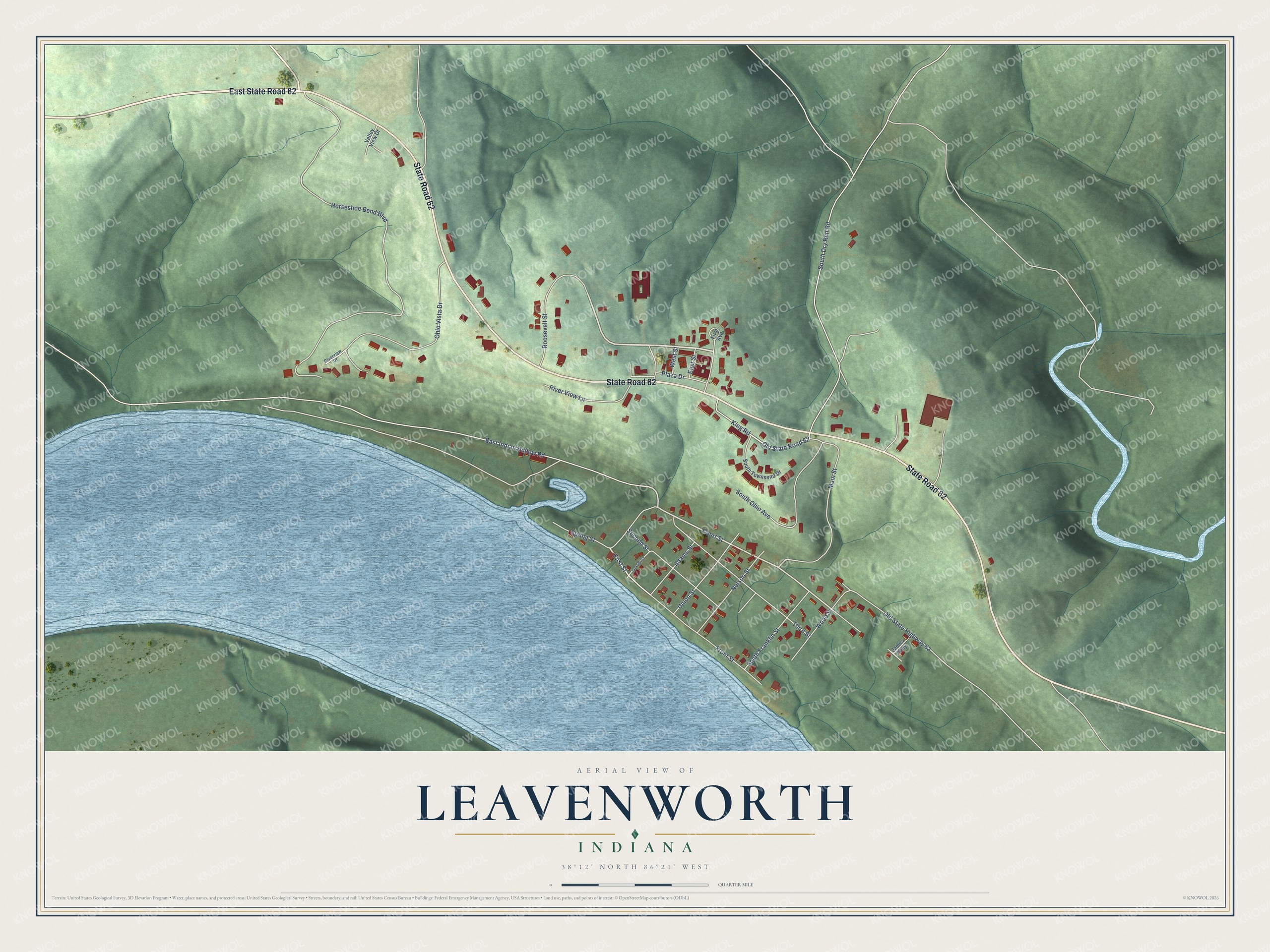 Full map of Leavenworth, Indiana, with red buildings, printed street names and the land around them