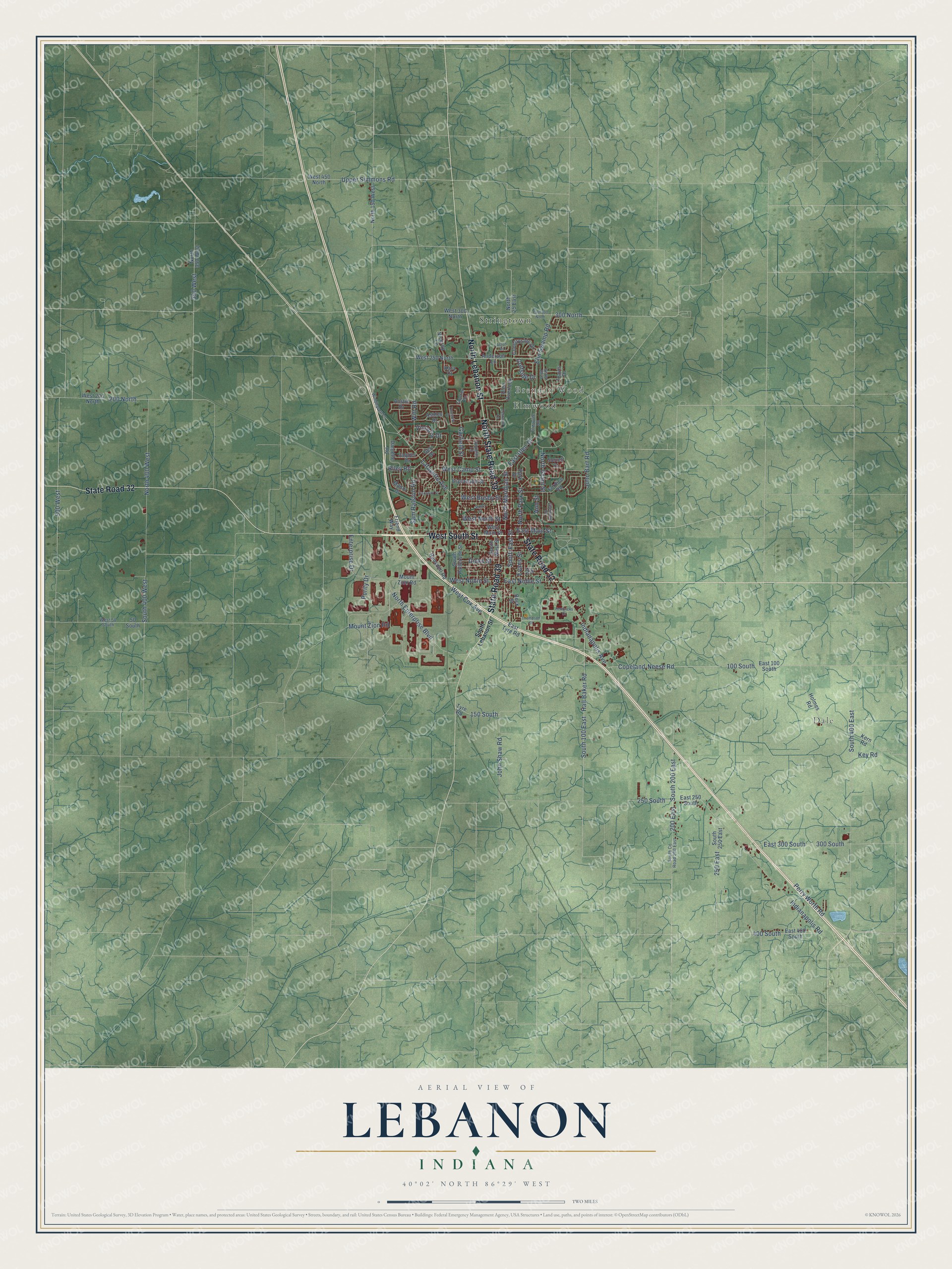 Full map of Lebanon, Indiana, with red buildings, printed street names and the land around them