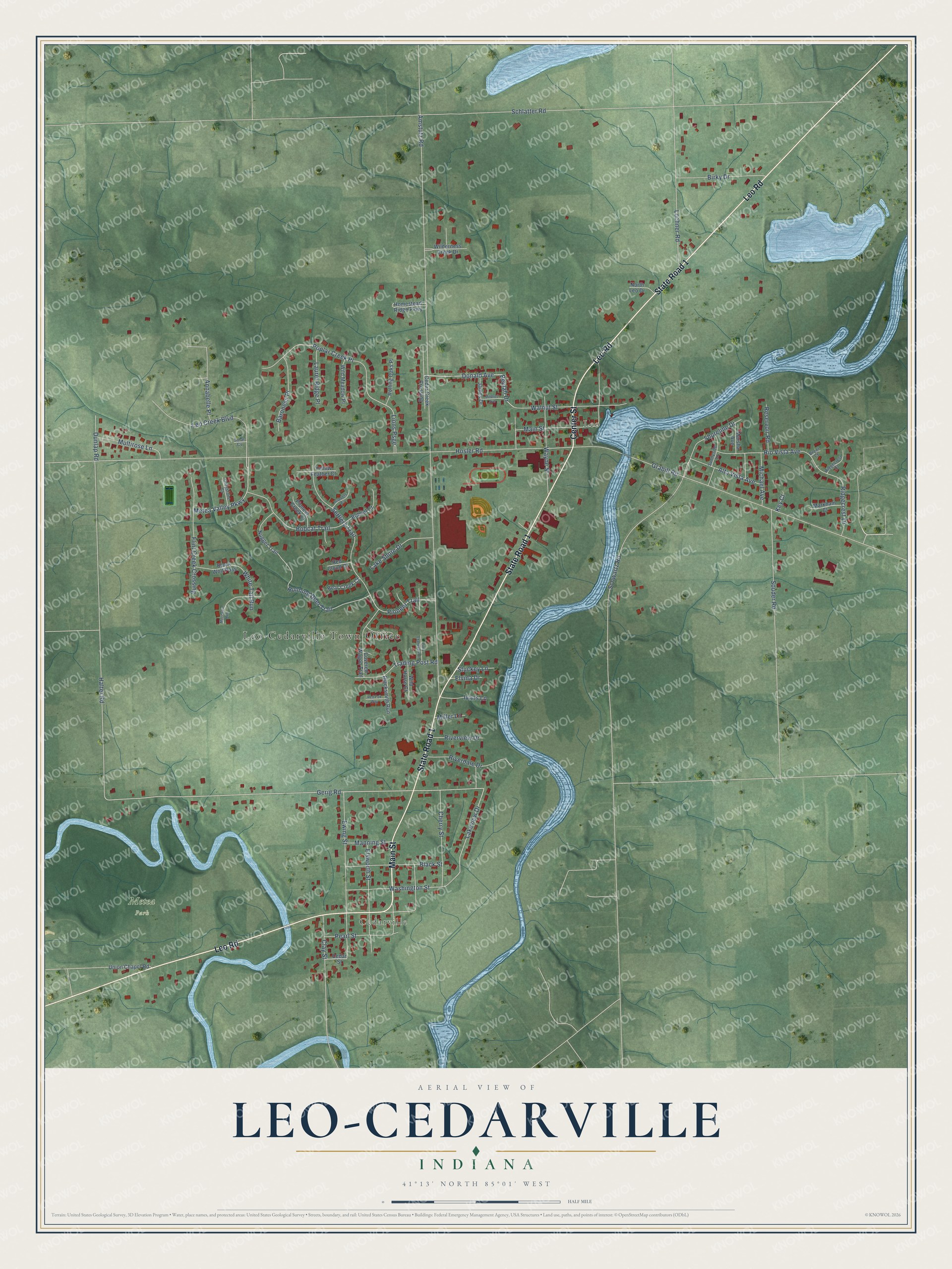 Full map of Leo-Cedarville, Indiana, with red buildings, printed street names and the land around them