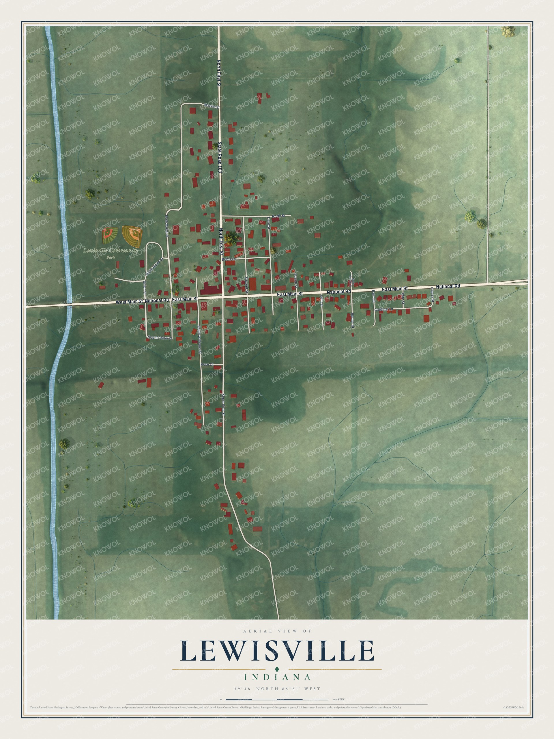 Full map of Lewisville, Indiana, with red buildings, printed street names and the land around them