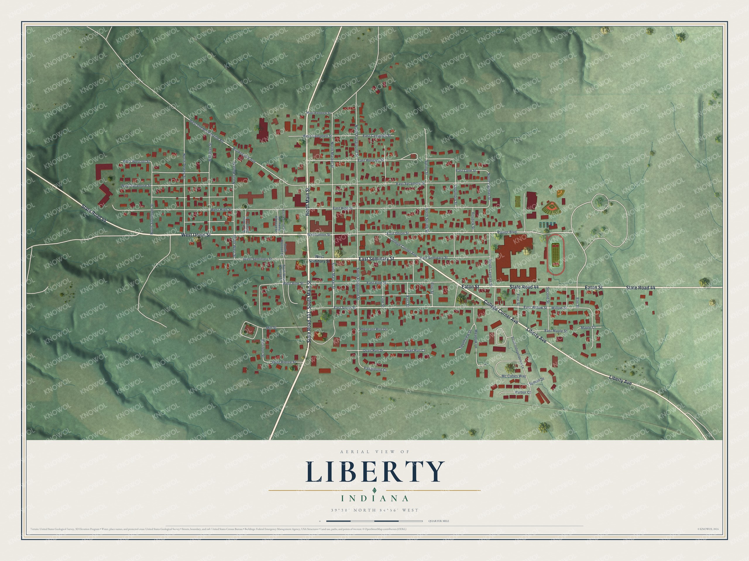 Full map of Liberty, Indiana, with red buildings, printed street names and the land around them