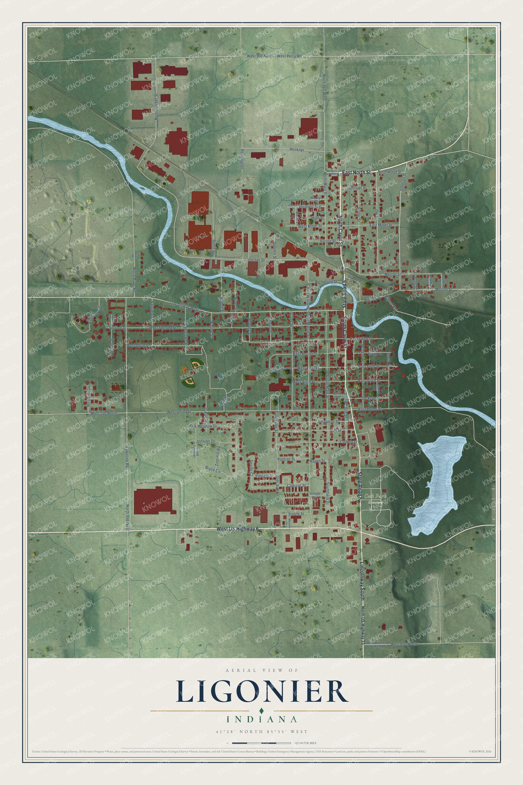 Full map of Ligonier, Indiana, with red buildings, printed street names and the land around them