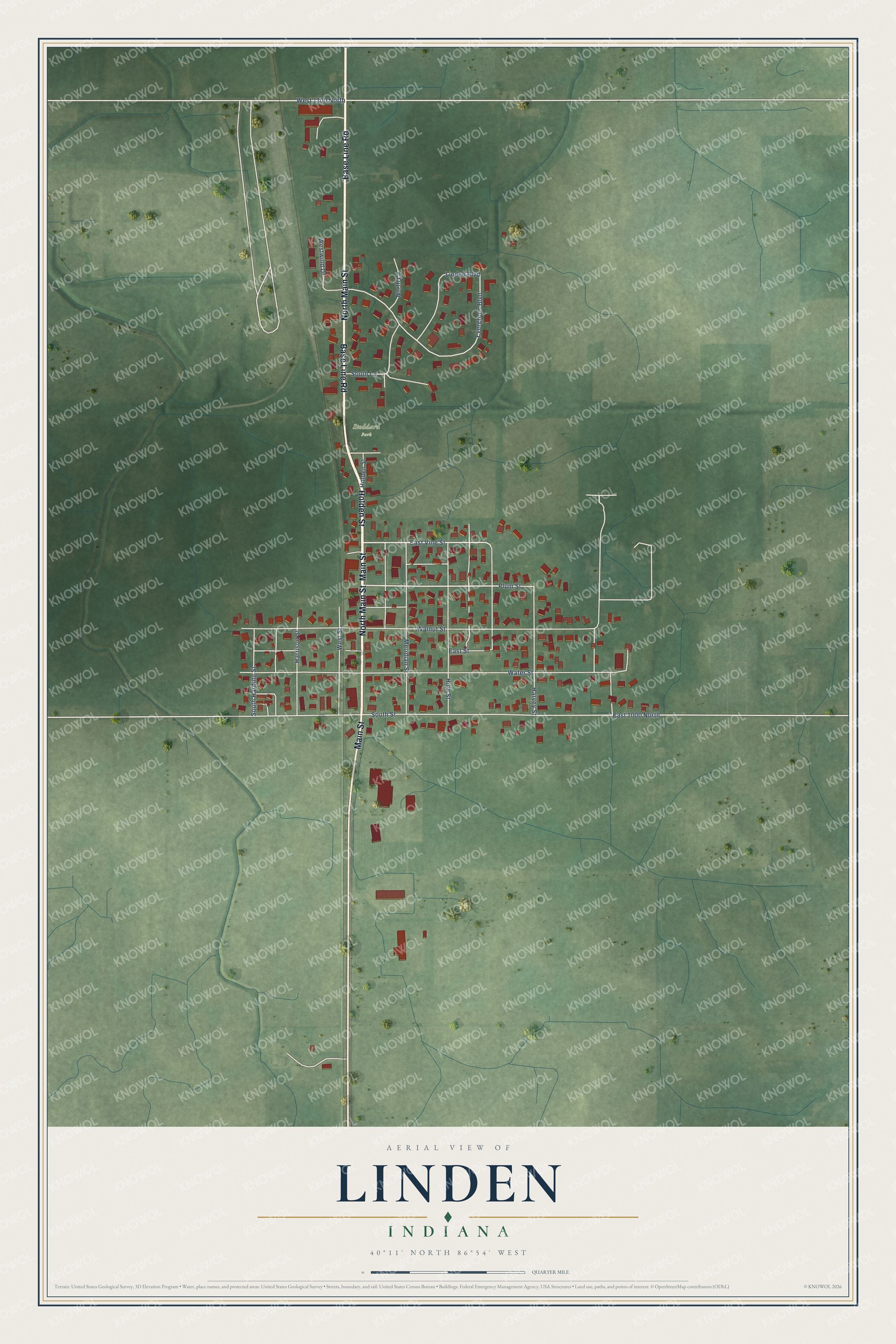 Full map of Linden, Indiana, with red buildings, printed street names and the land around them