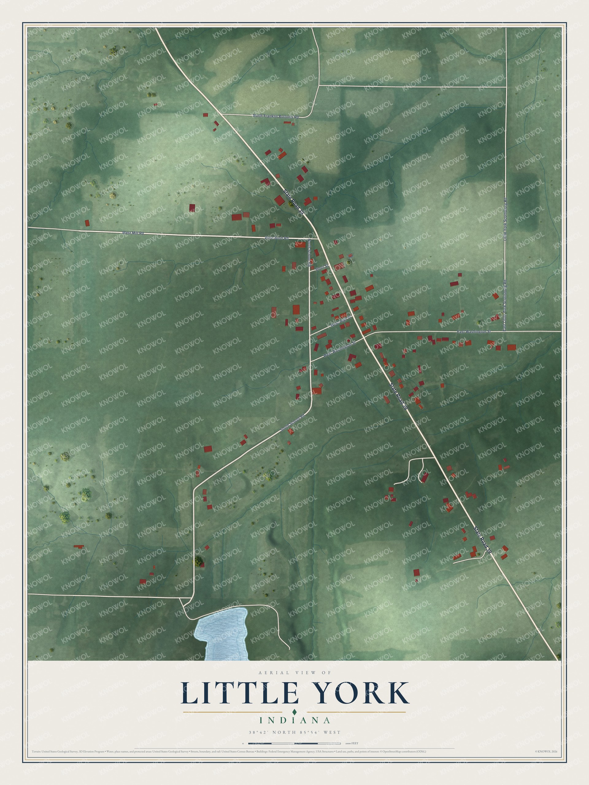Full map of Little York, Indiana, with red buildings, printed street names and the land around them