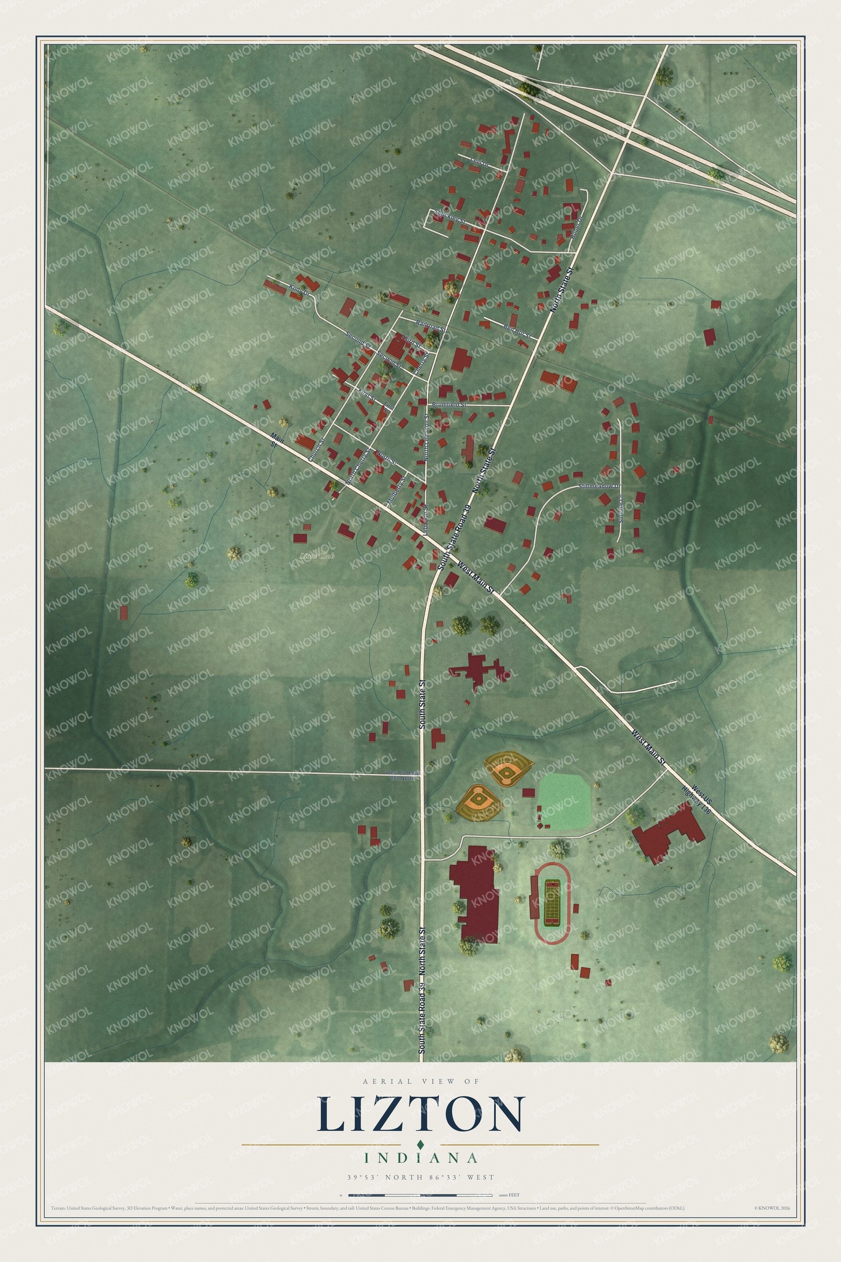 Full map of Lizton, Indiana, with red buildings, printed street names and the land around them