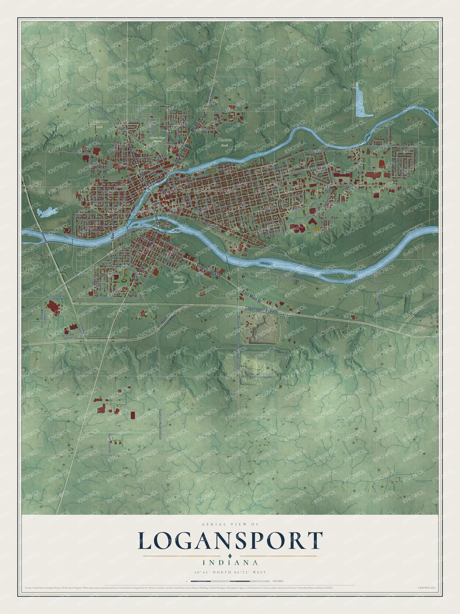 Full map of Logansport, Indiana, with red buildings, printed street names and the land around them