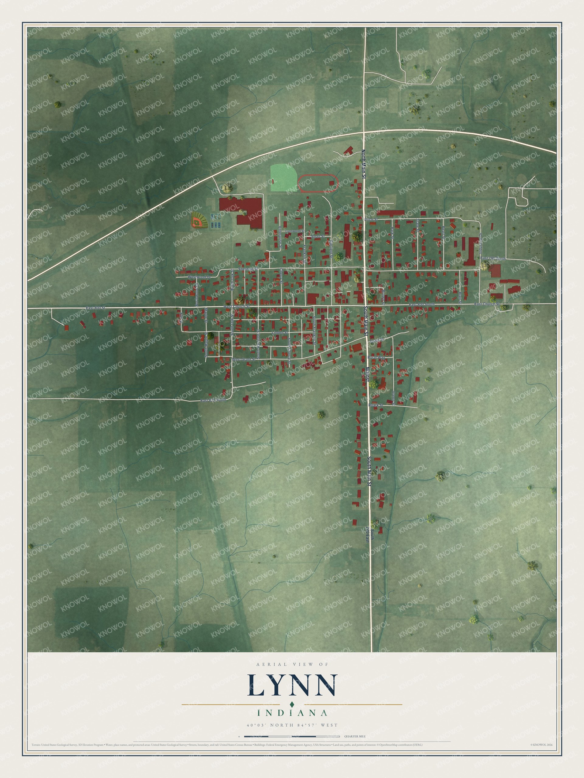 Full map of Lynn, Indiana, with red buildings, printed street names and the land around them