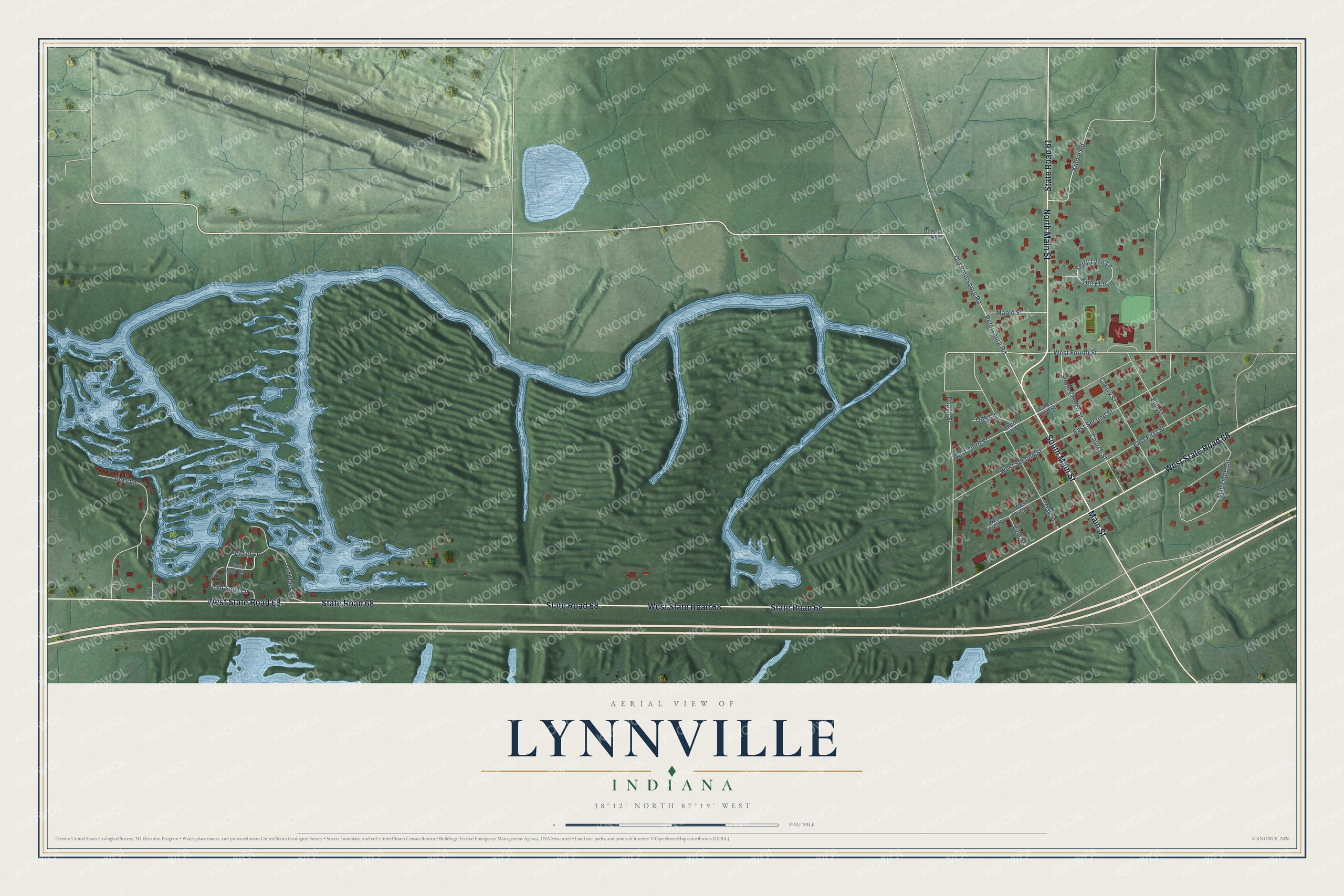 Full map of Lynnville, Indiana, with red buildings, printed street names and the land around them