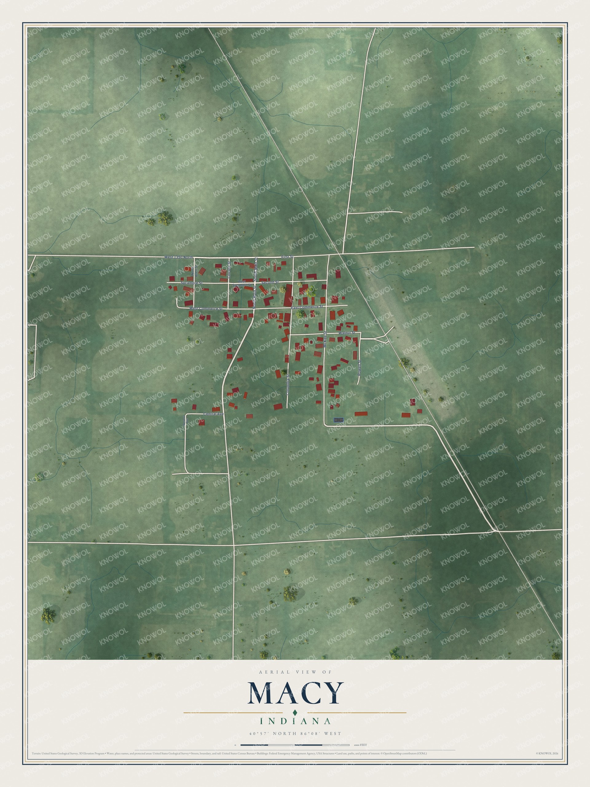 Full map of Macy, Indiana, with red buildings, printed street names and the land around them