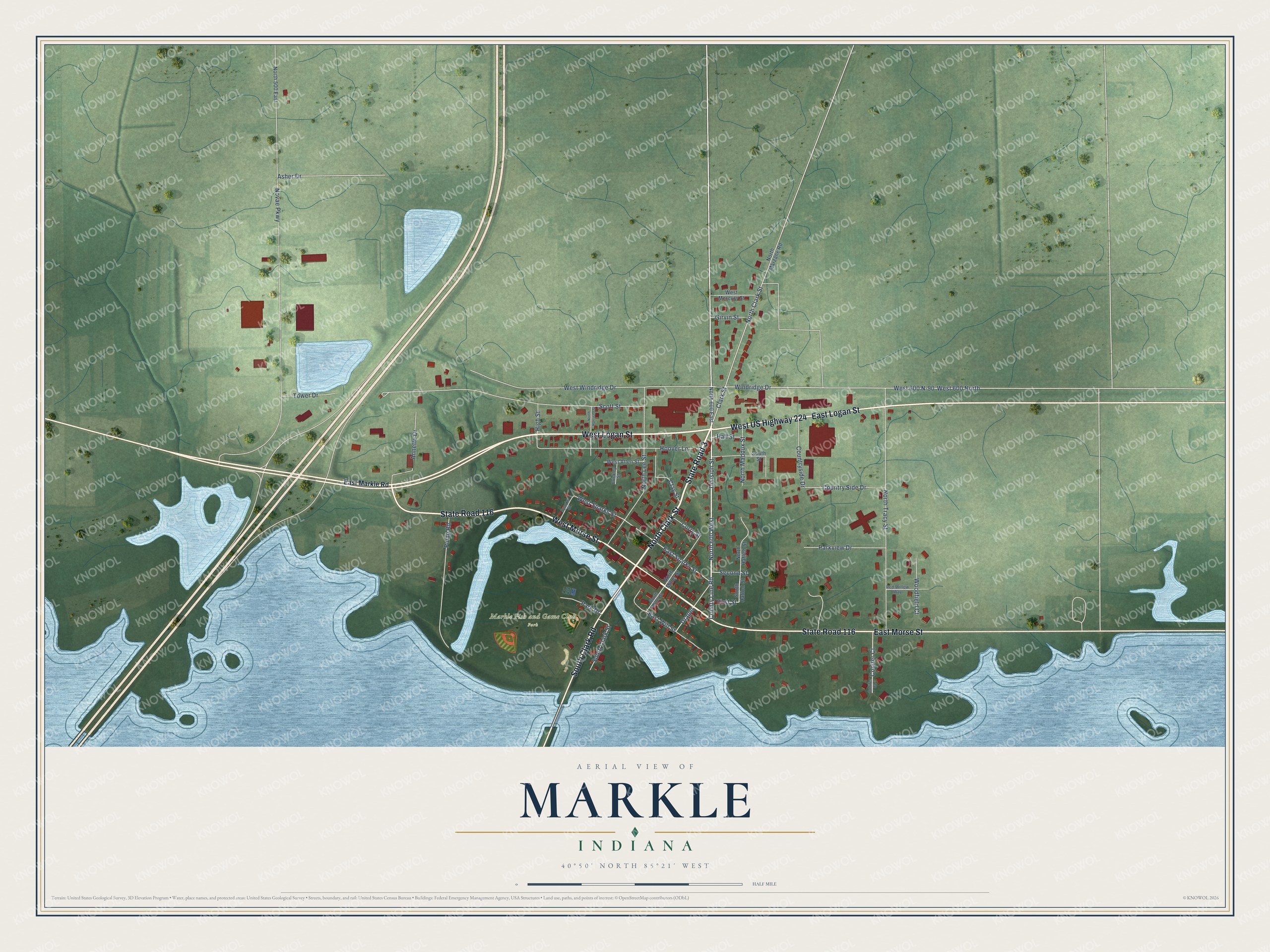 Full map of Markle, Indiana, with red buildings, printed street names and the land around them