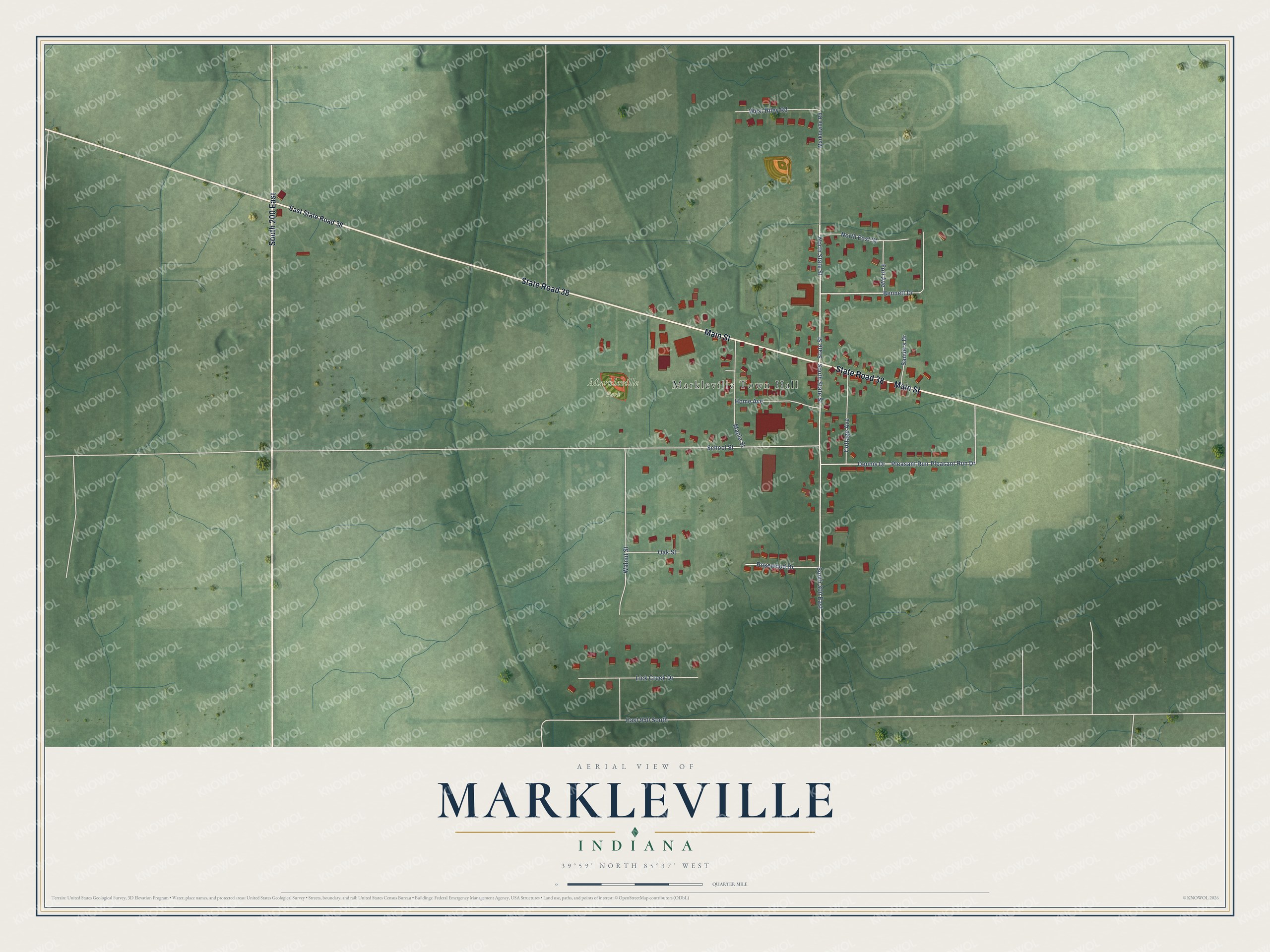 Full map of Markleville, Indiana, with red buildings, printed street names and the land around them