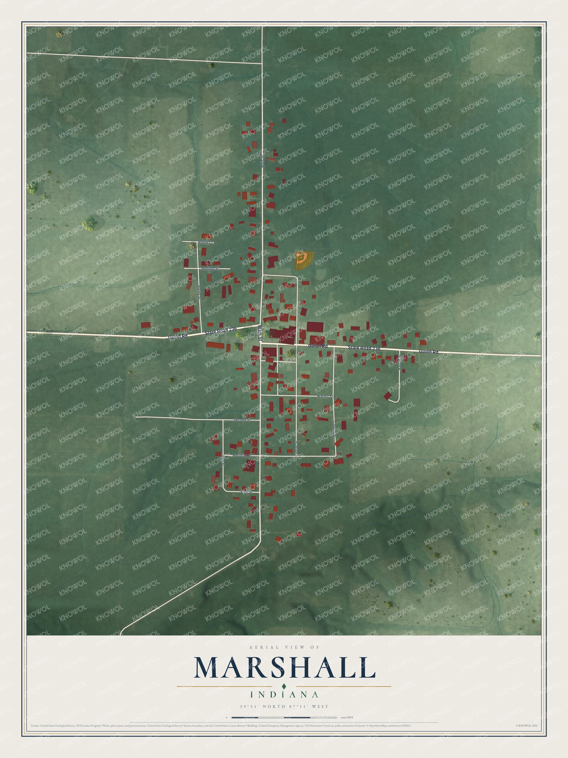Full map of Marshall, Indiana, with red buildings, printed street names and the land around them