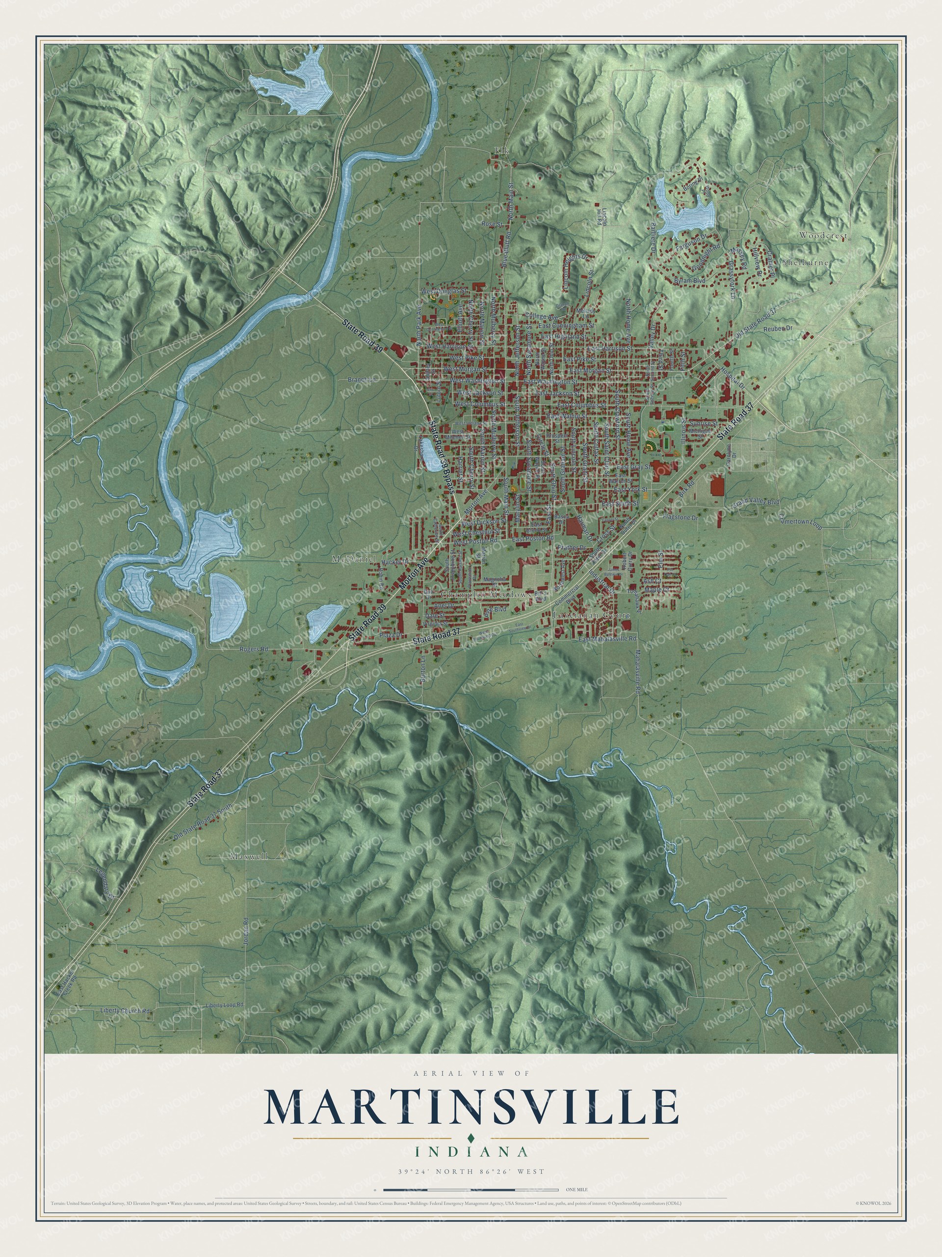 Full map of Martinsville, Indiana, with red buildings, printed street names and the land around them
