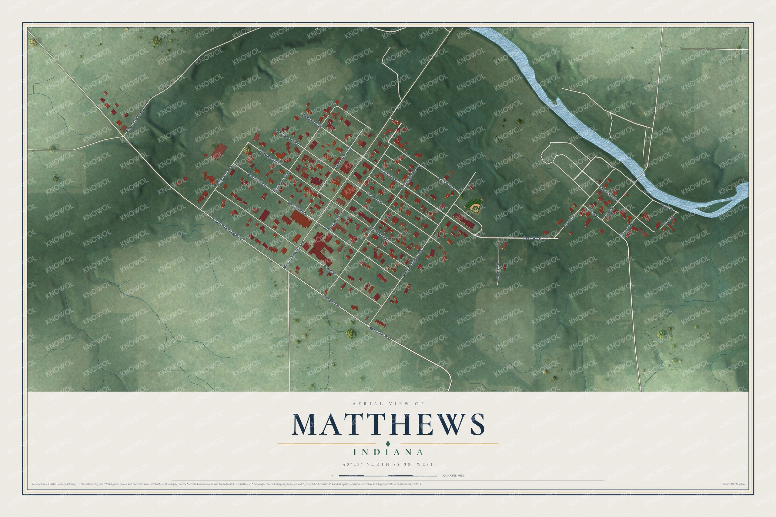 Full map of Matthews, Indiana, with red buildings, printed street names and the land around them