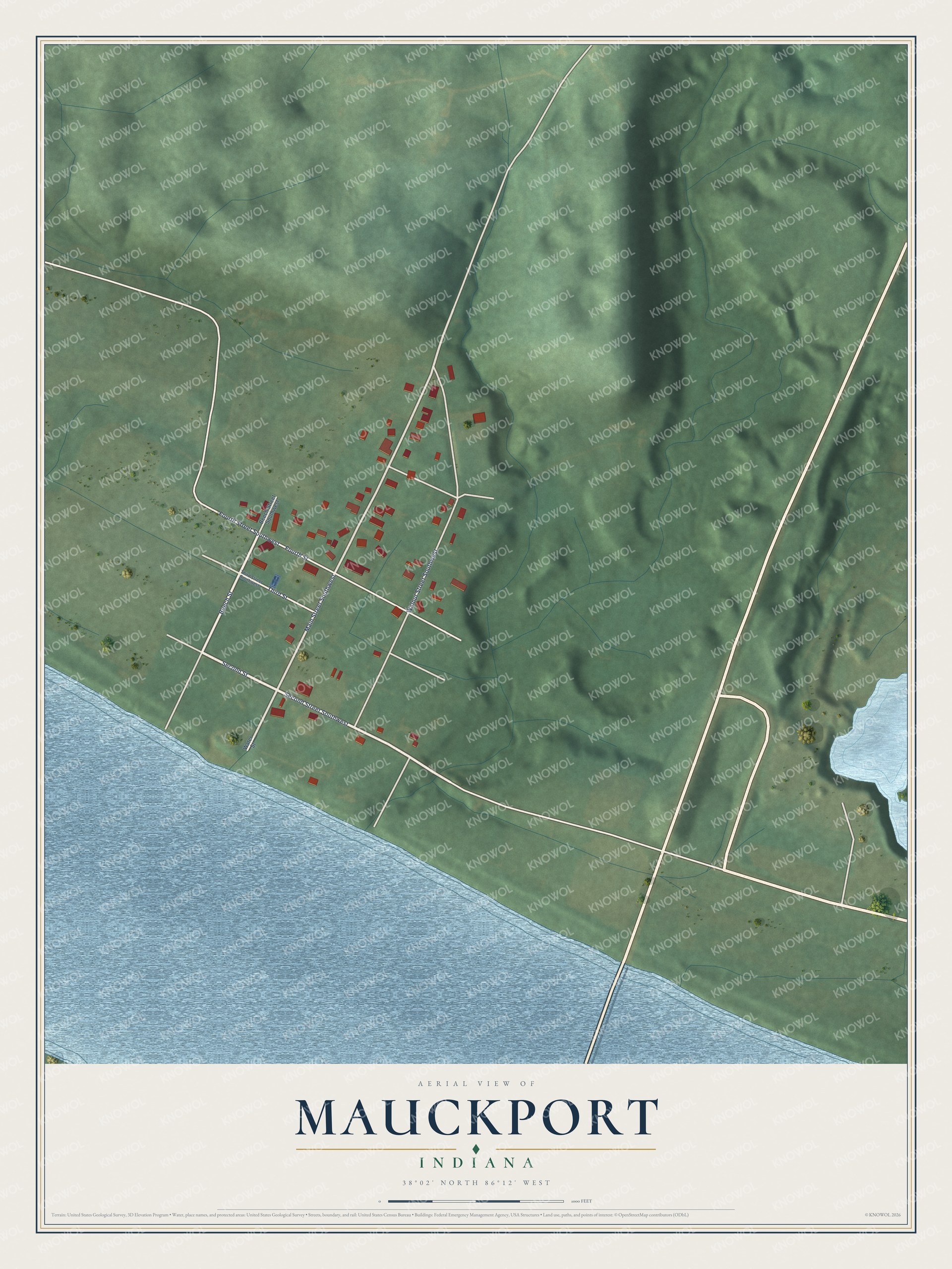 Full map of Mauckport, Indiana, with red buildings, printed street names and the land around them