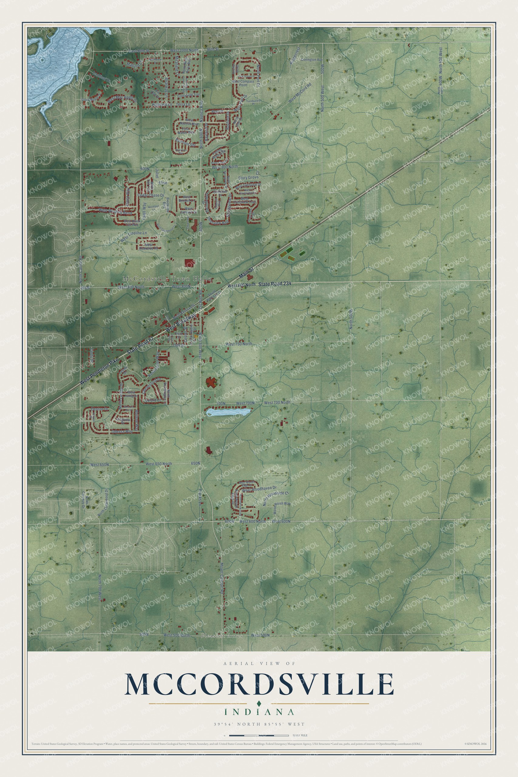 Full map of McCordsville, Indiana, with red buildings, printed street names and the land around them