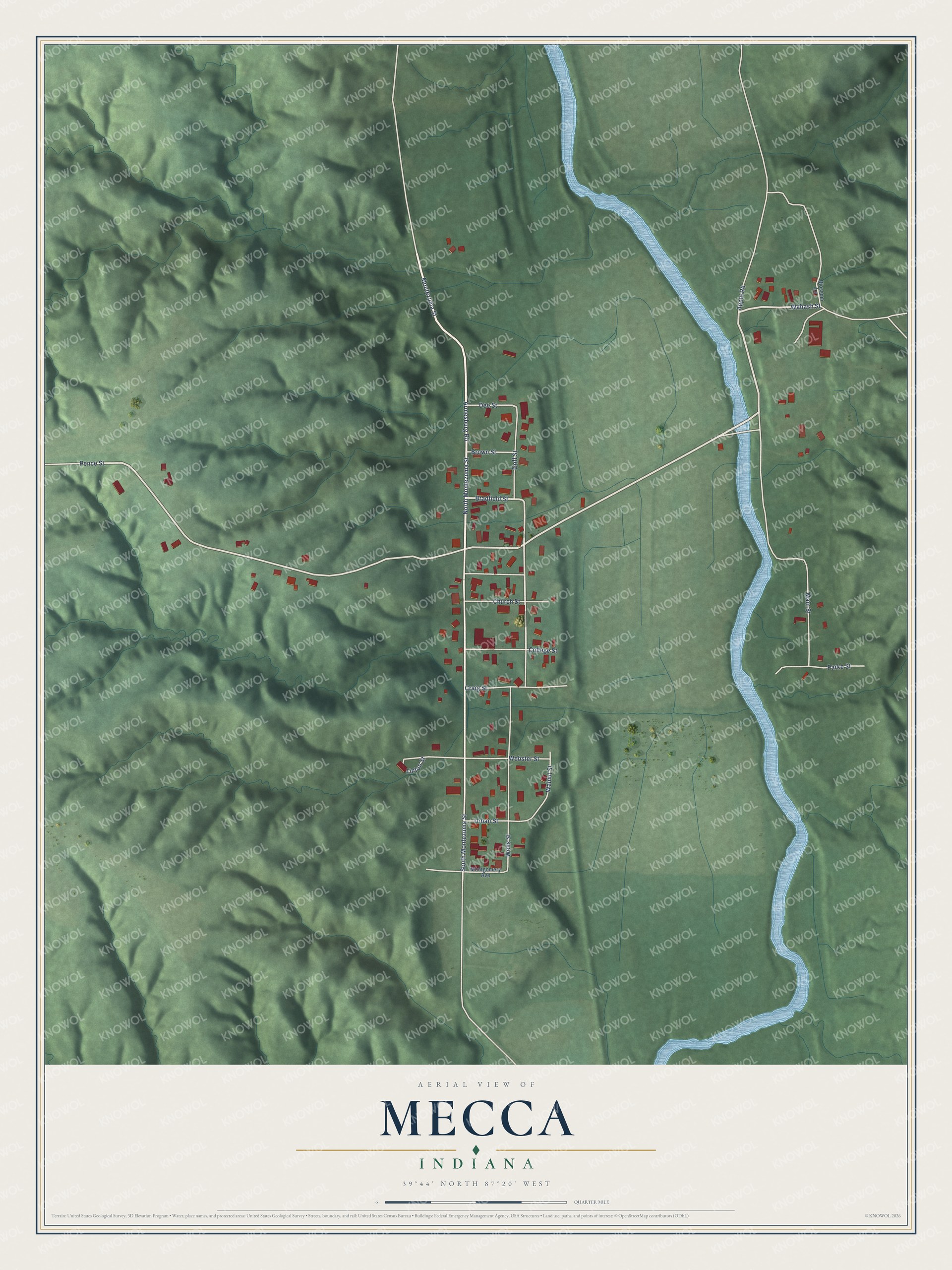 Full map of Mecca, Indiana, with red buildings, printed street names and the land around them